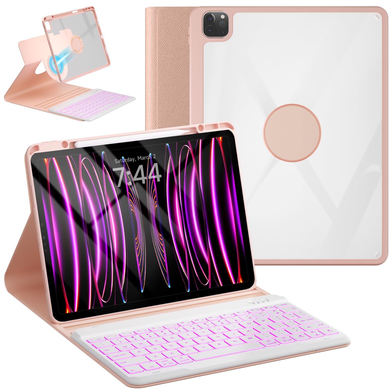 Oyeeice Keyboard Case For Ipad Pro 12.9 Inch 6Th Gen 2022, 5Th 2021, 4Th 2020, Rotating Detachable Clear Cover With 7 Colorful B