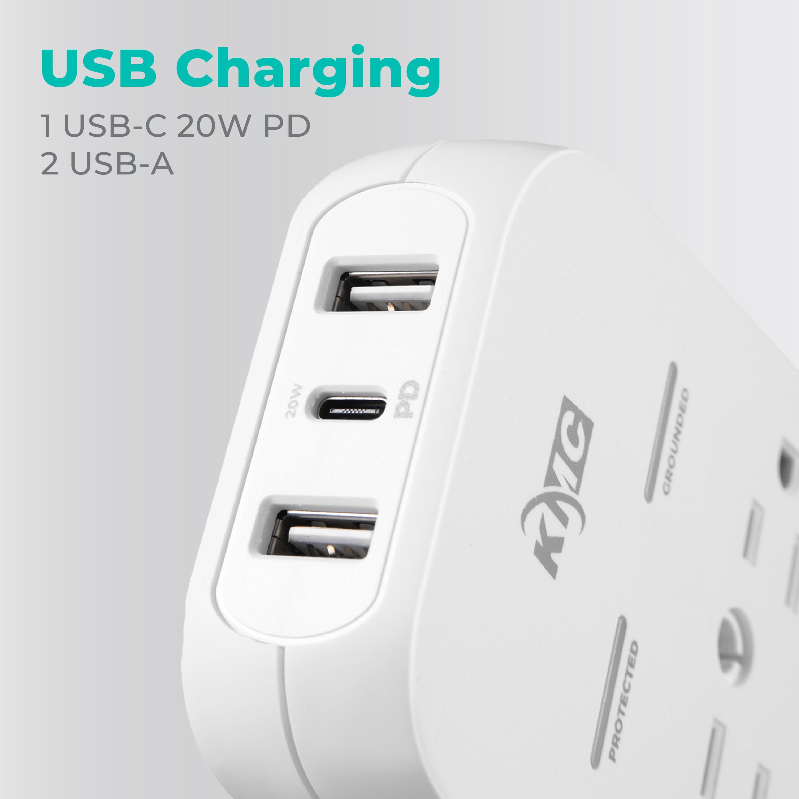 Kmc 6 Outlet Extender Usb C Pd Surge Protector Wall Tap, Multi Plug Usb Wall Charger, 2 Usb A Ports & Usb C 20W Power Delivery, High Speed Phone Charger, 980J Surge Protection, Ul/Etl Certified, White