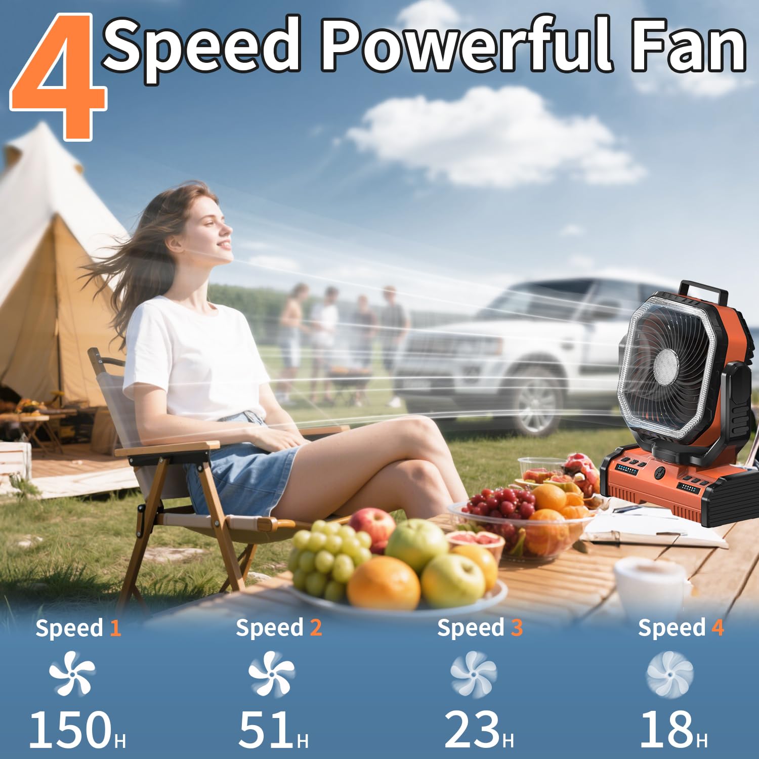 Eeifo 12 Inch Portable Camping Fan, 40000Mah Rechargeable Battery Powered Fan With 4 Speeds Wind And Led Light 140H, Cool & Warm