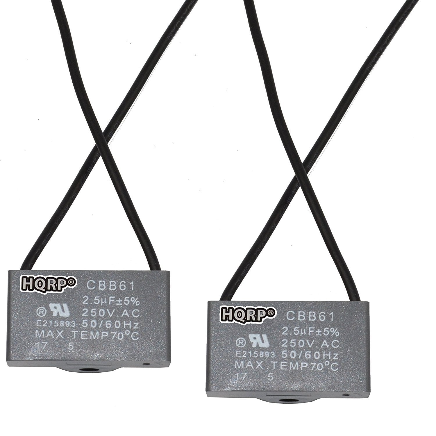 Hqrp 2 Pack Ceiling Fan Capacitor Cbb61 2.5Uf 2 Wire Ul Listed