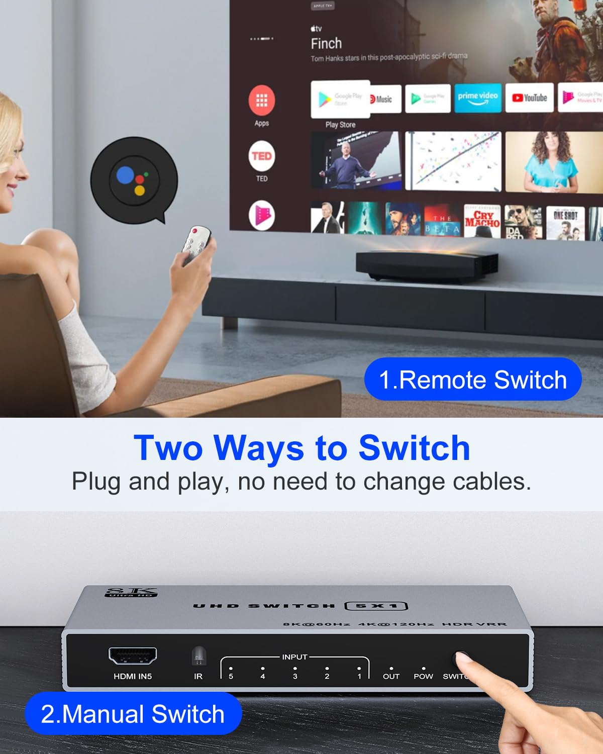 8K Hdmi Splitter 5 In 1 Out Hdmi Switch   4K 120Hz Hdmi 2.1 Switch Box Port Expander Selector With Remote Support 3D/Hdr/Hdcp2.3