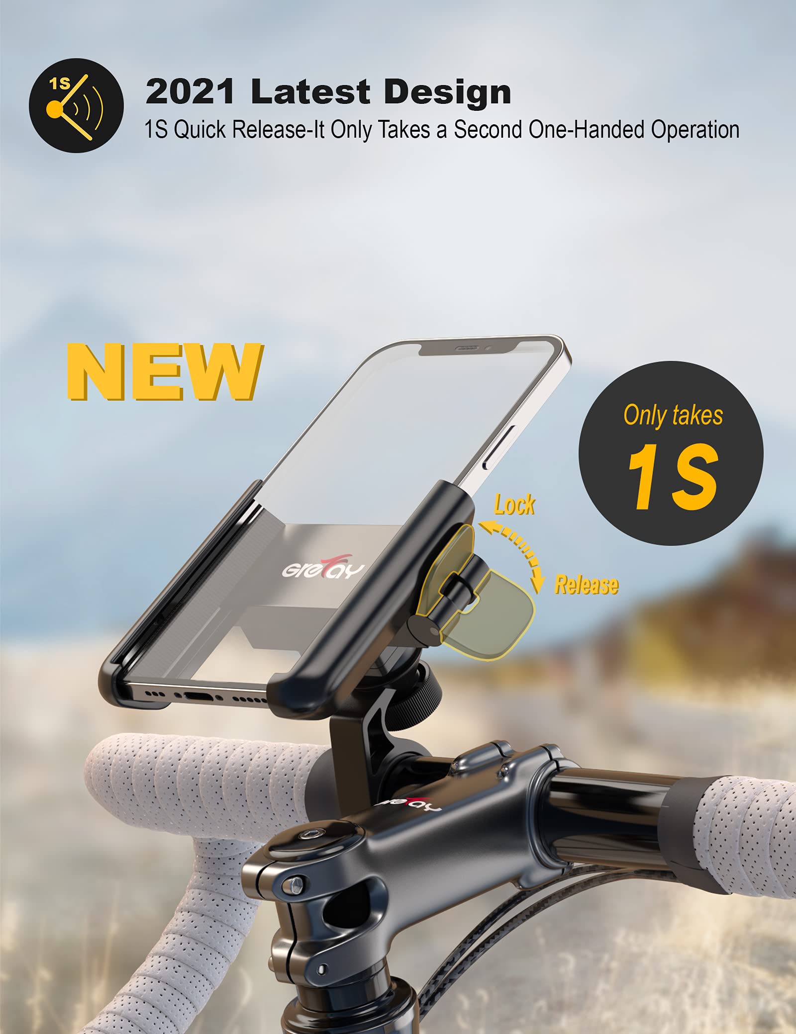 Grefay Bike Phone Mount Universal Motorcycle Handlebar Phone Holder ?1S Quick Release? Anti Shake Bicycle Phone Clamp For Road B