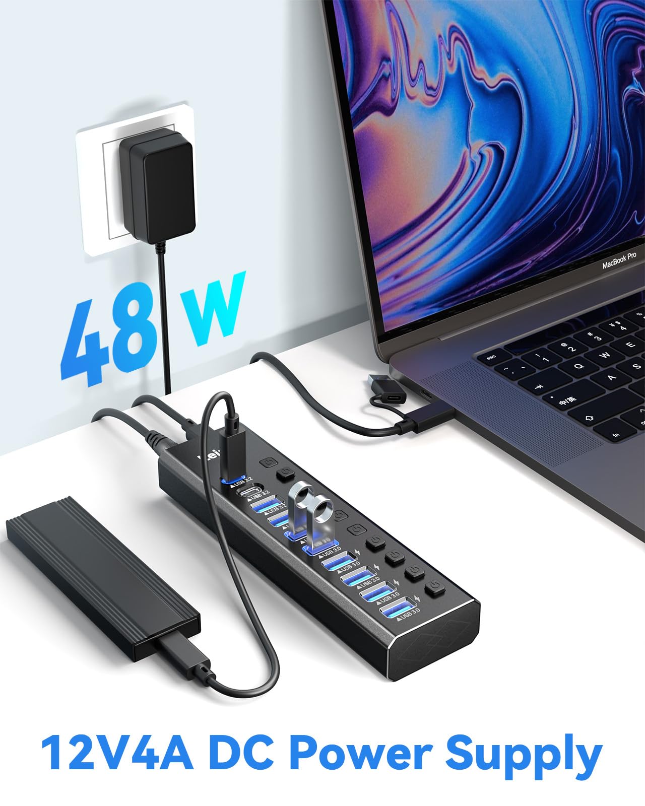 Powered Usb Hub 3.2, Leinsis 10 Port Usb 3.2/Usb C Hub (10Gbps Usb A 3.2 +2 Usb C 3.2 +7 Usb 3.0 Ports) With Individual On/Off S