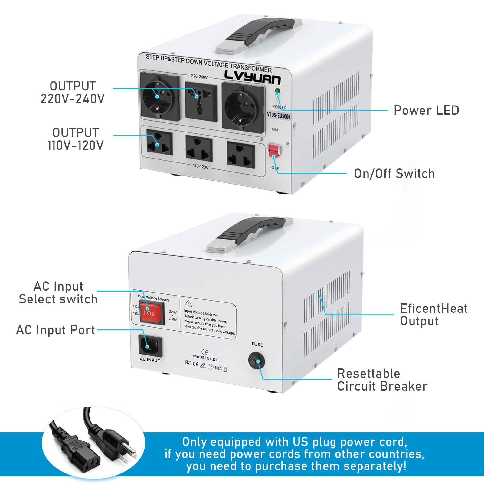 Lvyuan Heavy Duty 5000W Watt Voltage Transformer Converter Step Up/Down Converter 110/120 Volt   220/240 Volt With 3 Us,2 Europe