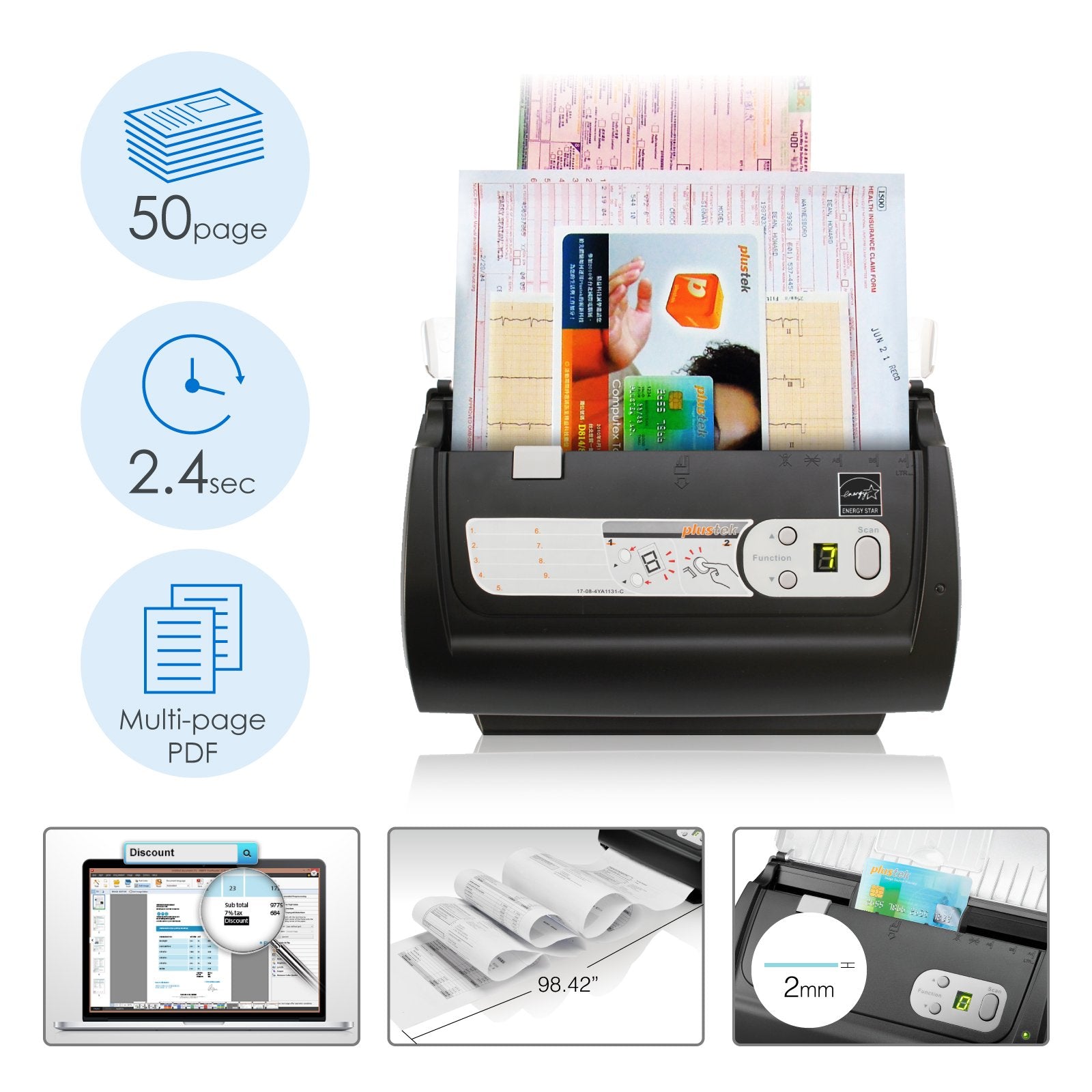 Plustek Ps186 Desktop Document Scanner, With 50 Pages Auto Document Feeder (Adf). For Windows 7 / 8 / 10 / 11 (Intel/Amd Only)