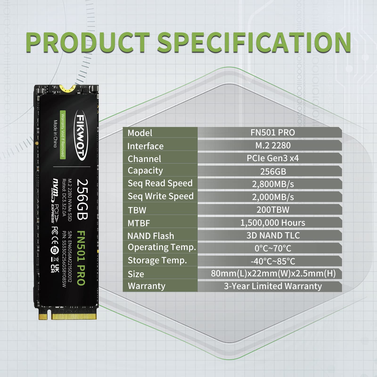 Fikwot Fn501 Pro 256Gb Nvme Ssd   M.2 2280 Pcie Gen3 X4 Internal Solid State Drive With Graphene Cooling Sticker, Up To 3,500Mb/