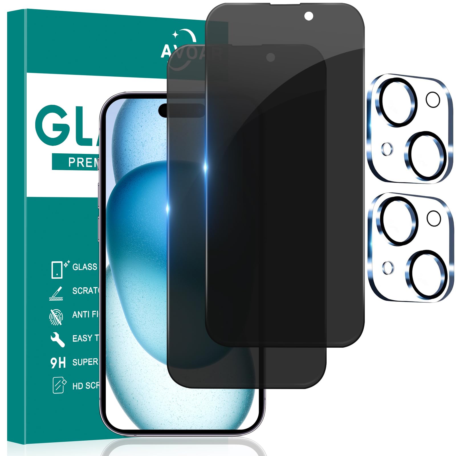 Avoar [2+2 Pack Privacy Screen Protector For Iphone 15 With Camera Lens Protector, 6.1 Inch Tempered Full Screen Glass Accessori