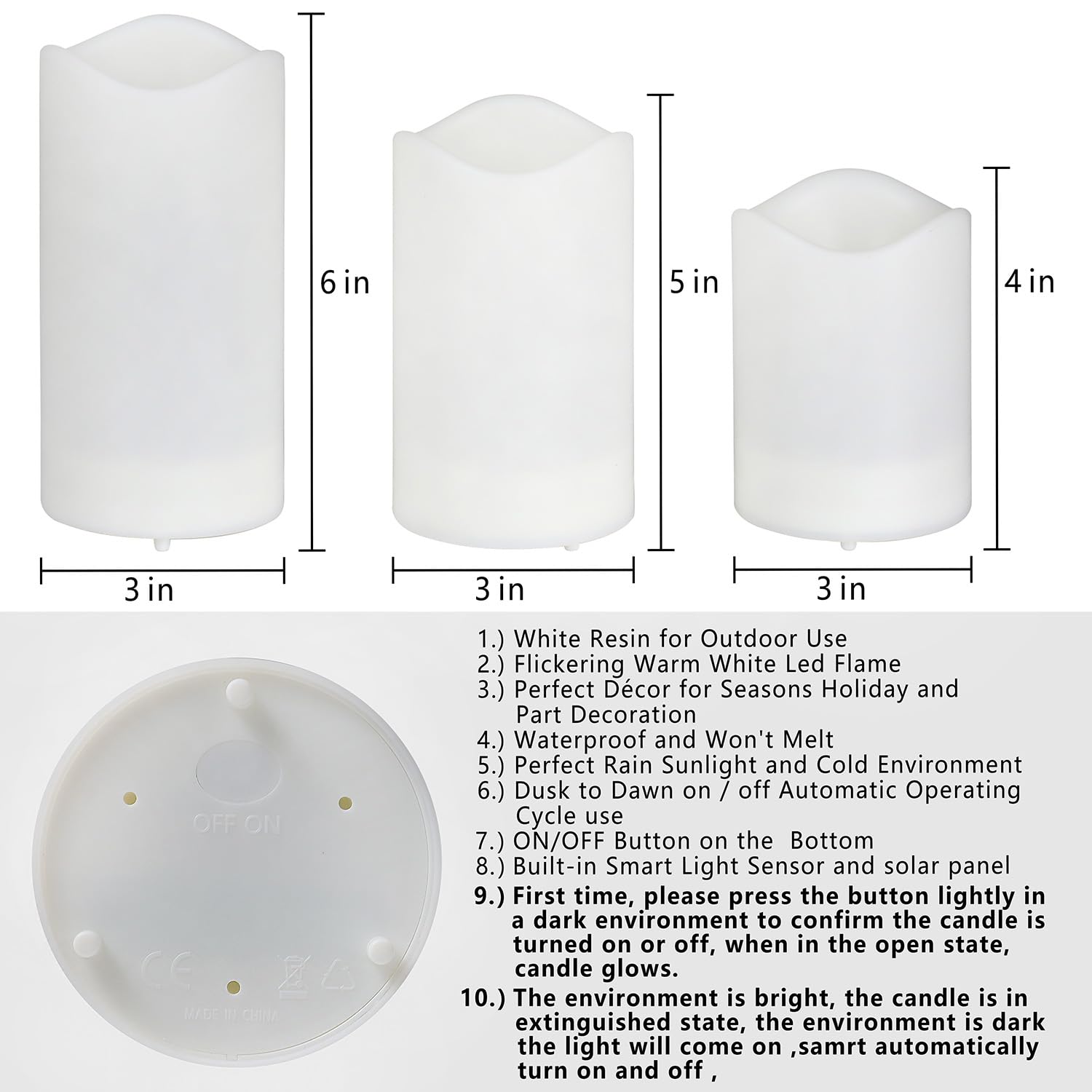 Octmustard Outdoor Solar Flameless Candles 4'' 5'' 6'' Set Of 3 White Dirpless Pillars Include Realistic Flashing Led Flames And