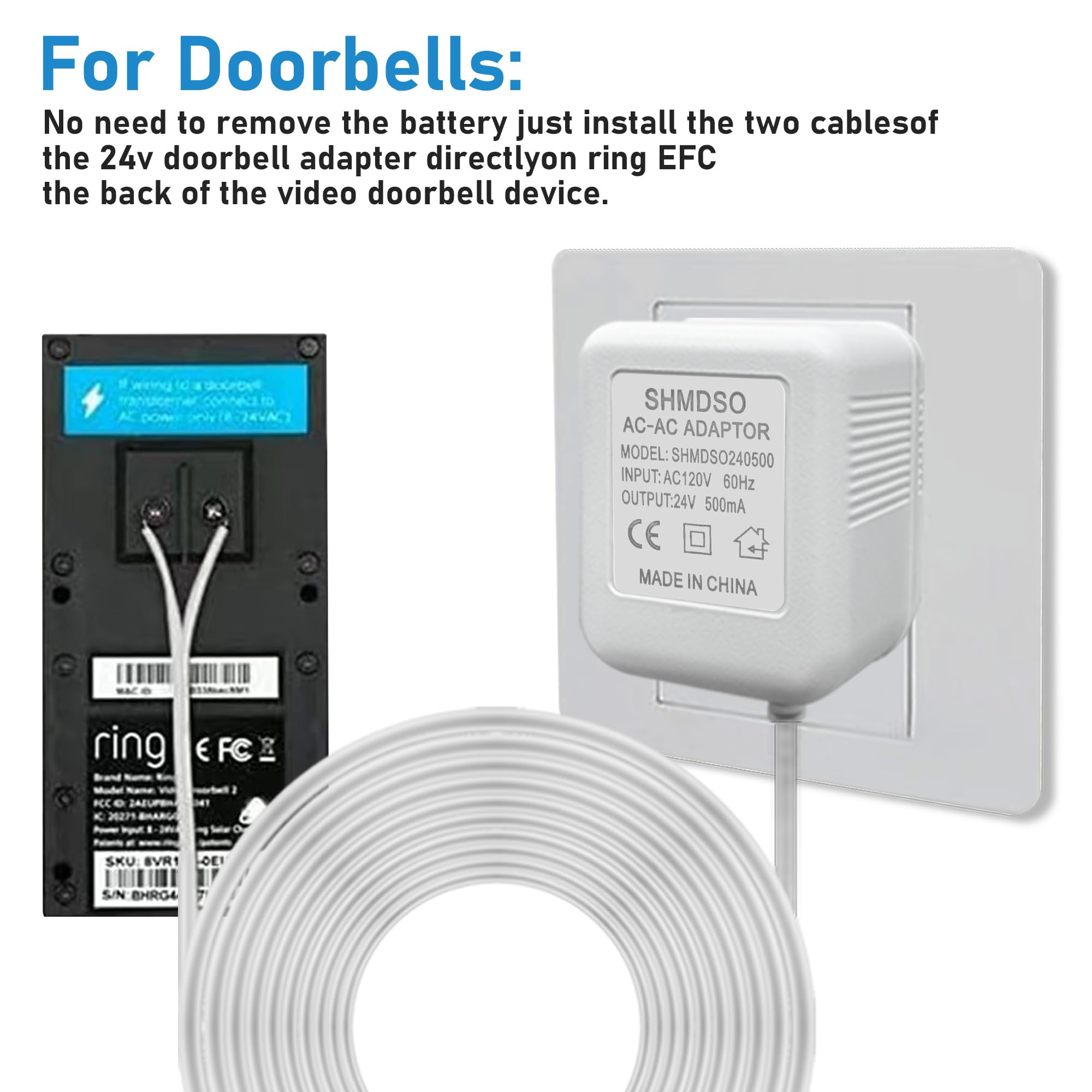 24V Doorbell Transformer,33 Foot Length Output Line 24V500Ma Video Doorbell Power Adapter, Compatible With Arlo, Nest, Wyze, Euf