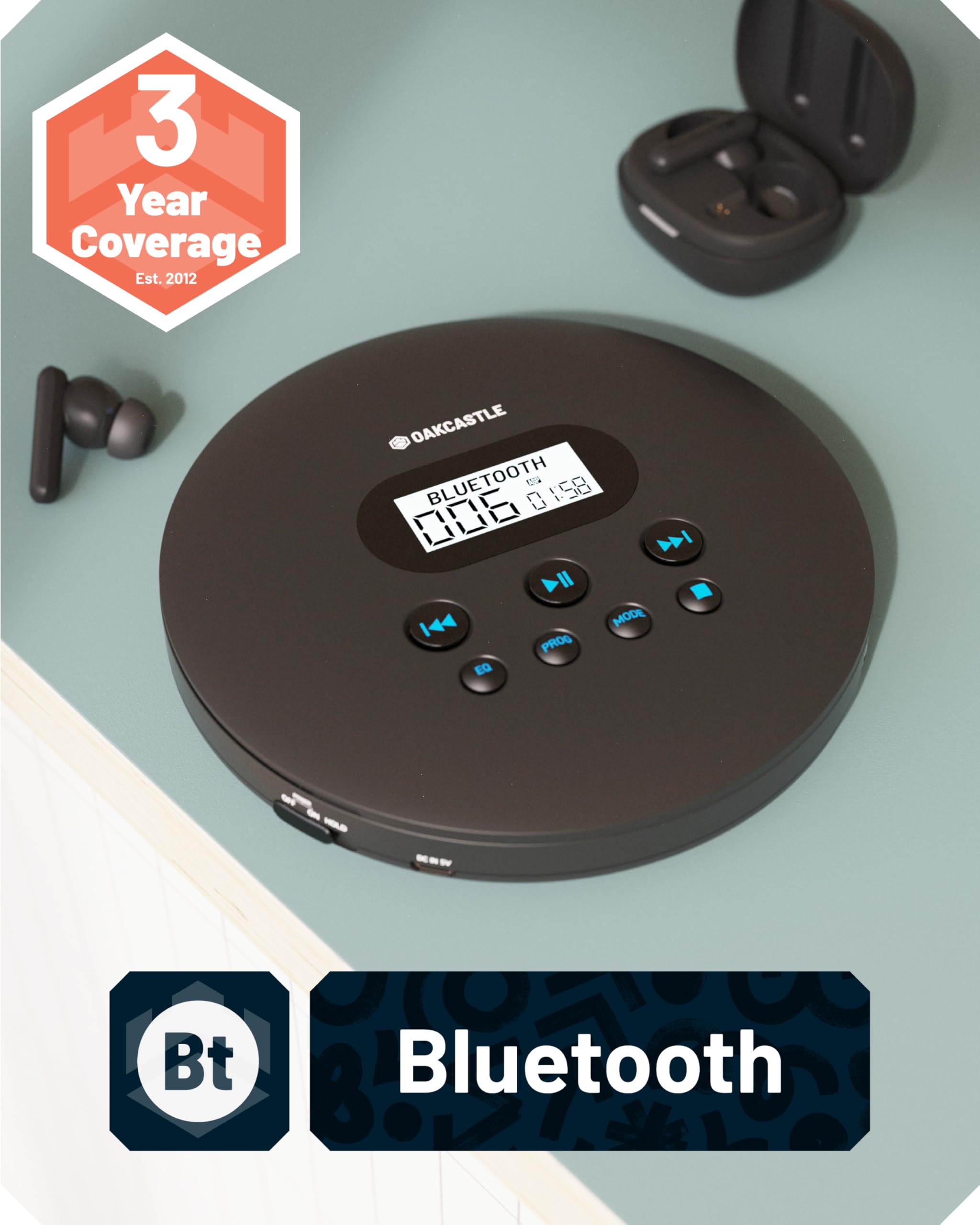 Cd Player Portable, Rechargeable Portable Cd Player With Bluetooth, 12Hr Playtime, Small Cd Players For Car (Aux Only) | Oakcast