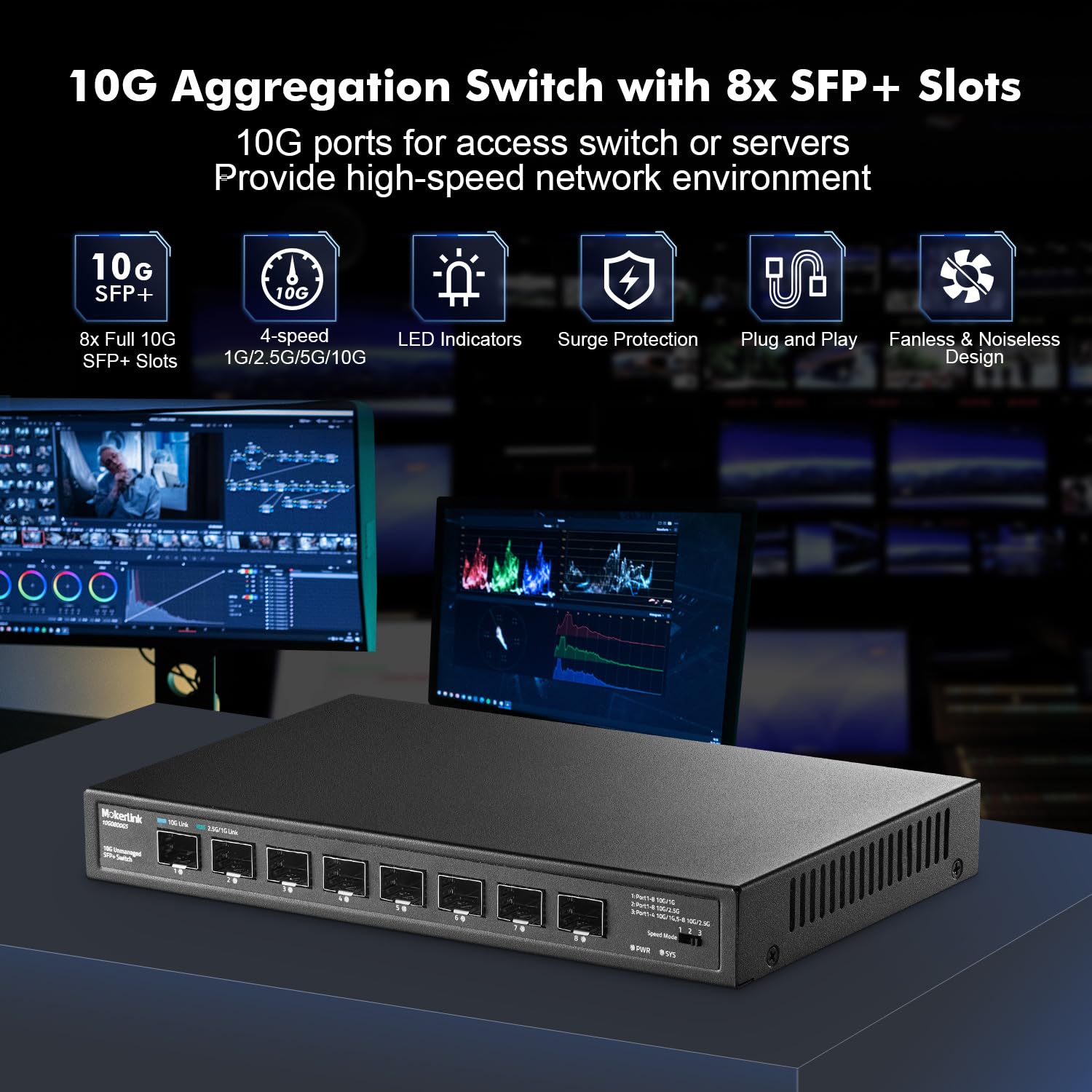 Mokerlink 8 Port 10Gbps Sfp+ Switch, Support 1G/2.5G/10G Sfp Module, 160Gbps Bandwidth, Fanless Unmanaged Plug And Play Ethernet