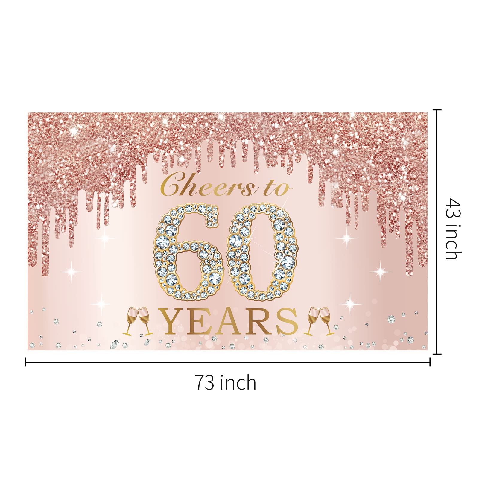 Large Cheers To 60 Years Birthday Decorations For Women, Pink Rose Gold Happy 60Th Birthday Banner Backdrop Party Supplies, Sixt