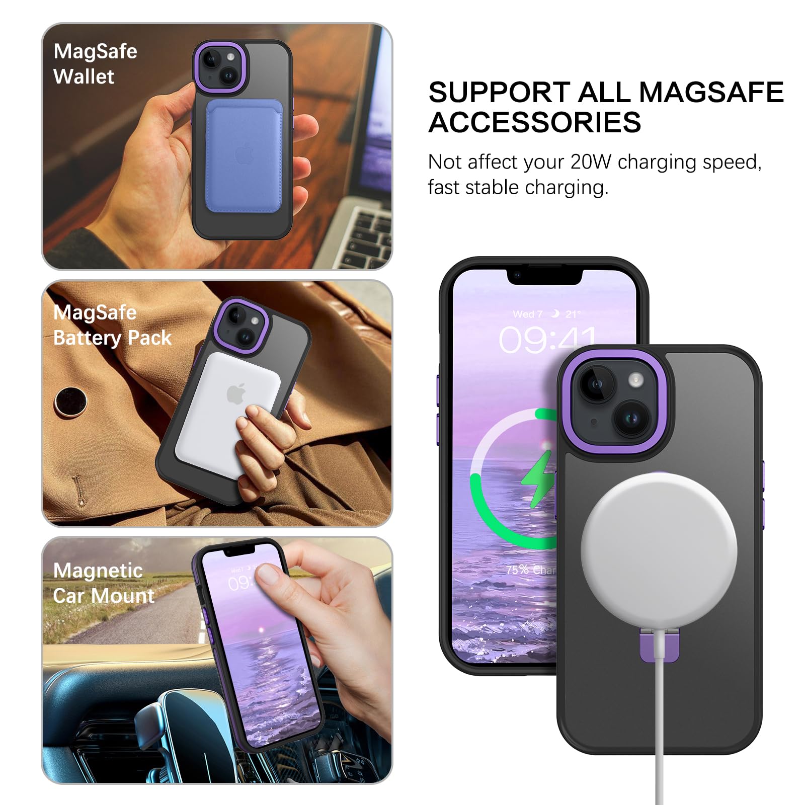 Veningo Iphone 14 Case,Iphone 13 Case,Magnetic Slim Fit Magsafe Translucent Matte Car Mount Supported Foldable Ring Holder Kicks