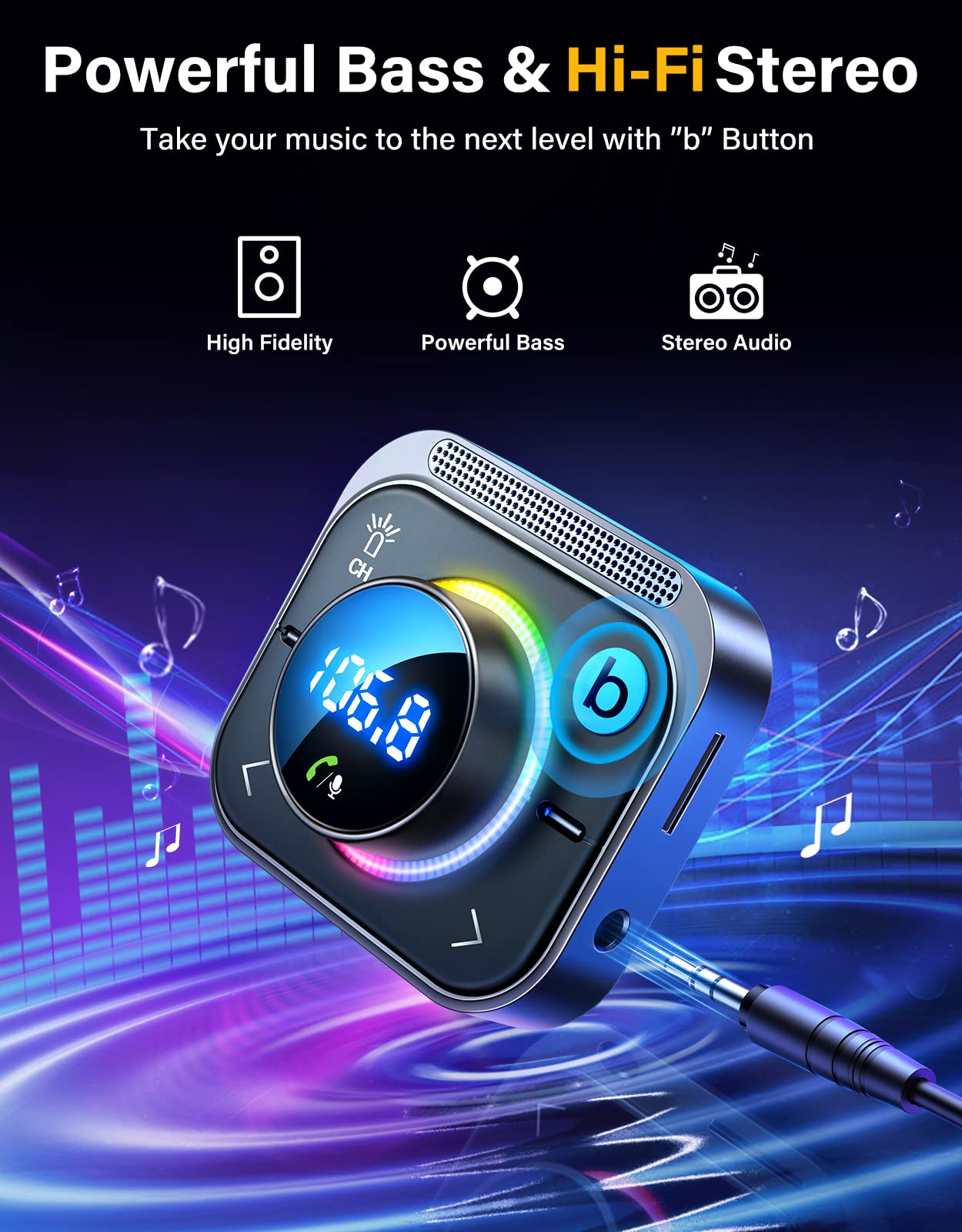 Bluetooth 5.3 Fm/Aux Bluetooth Car Adapter, Joyroom?Air Vent Installation & Bass Boost? 3 Ports Pd&Qc 3.0 Fm Transmitter For Car