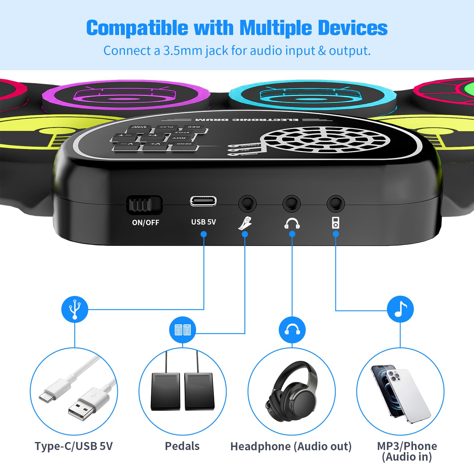 Miortior Electronic Drum Set, 10 Pads Roll Up Drum Practice Pad With Drum Pedals & Drum Sticks, Portable Drum Pad Machine Built