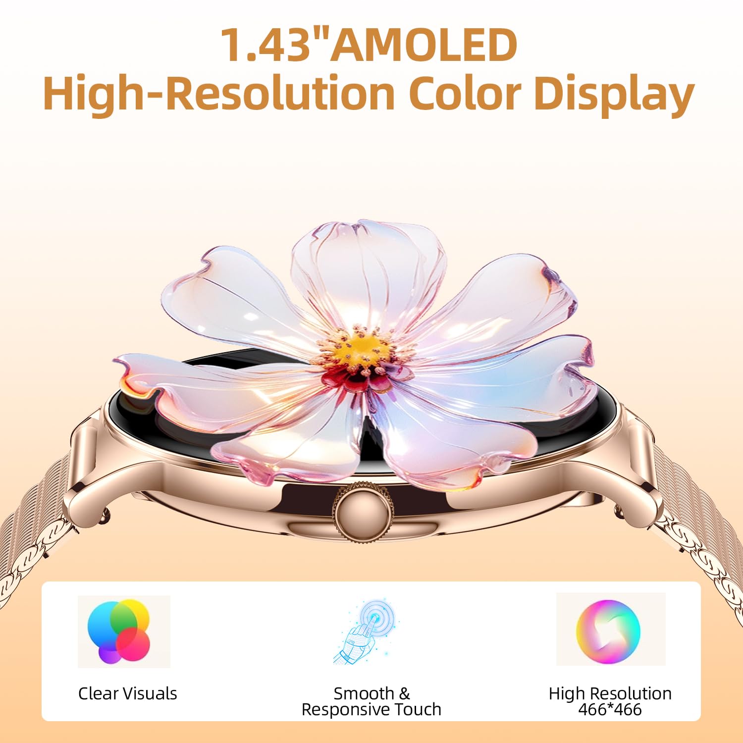 J-Cd Smart Watch For Women, 1.43 Inch Screen, Round Fitness Watches, Support Make&Receive Call/Bluetooth/Sleep Tracker, Ip68 Wat