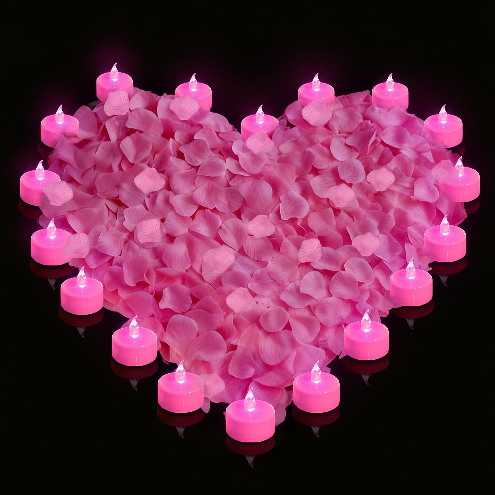 500Pcs Rose Petals with 12 LED Tea Lights Candles Set, Pink Artificial Rose Petals and Pink Flameless Candles Set for Anniversar
