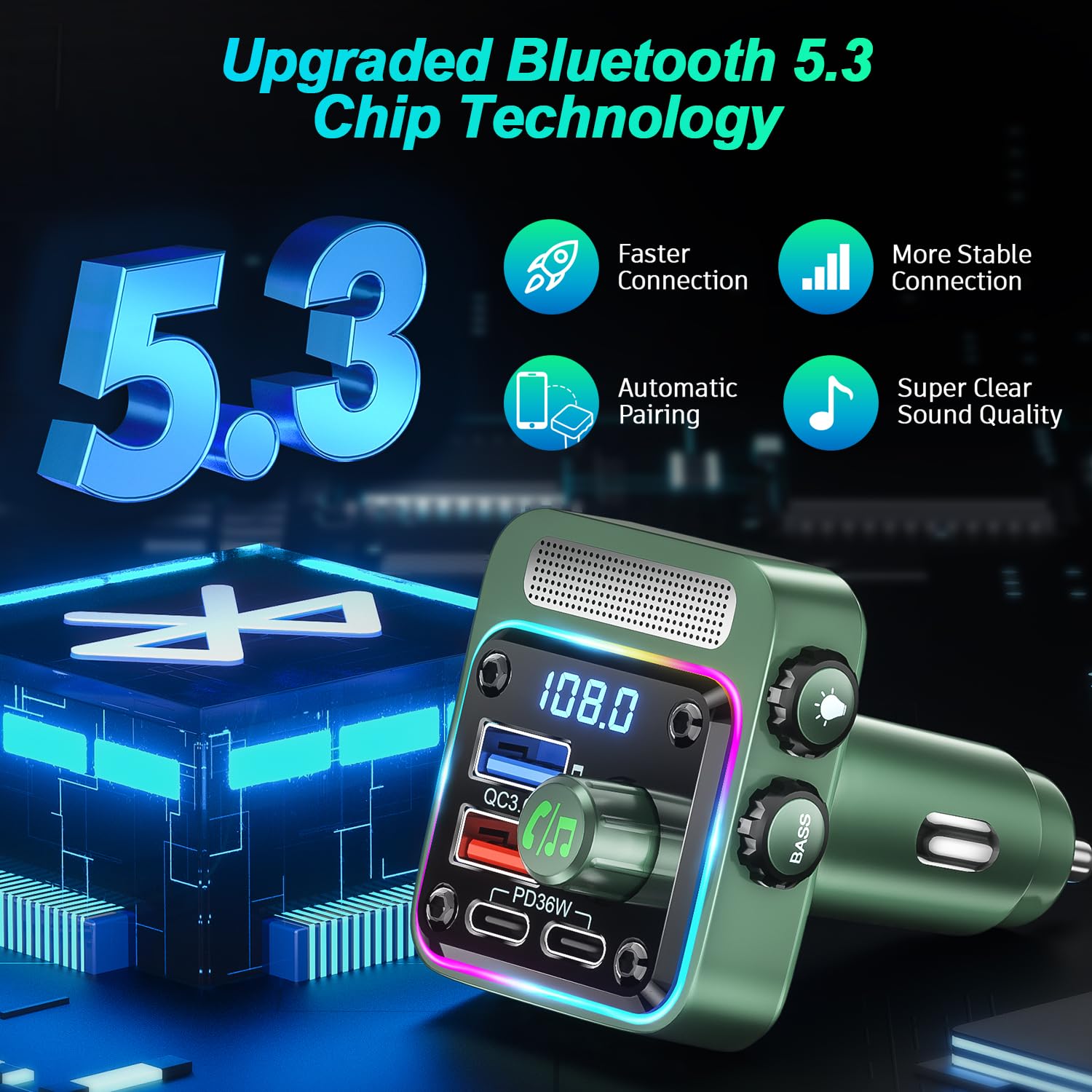 Bluetooth 5.3 Fm Transmitter Car Adapter   Sonru Car Charger 54W [Pd 36W & Qc3.0 18W], Wireless Fm Radio Transmitter [Hifi Trebl