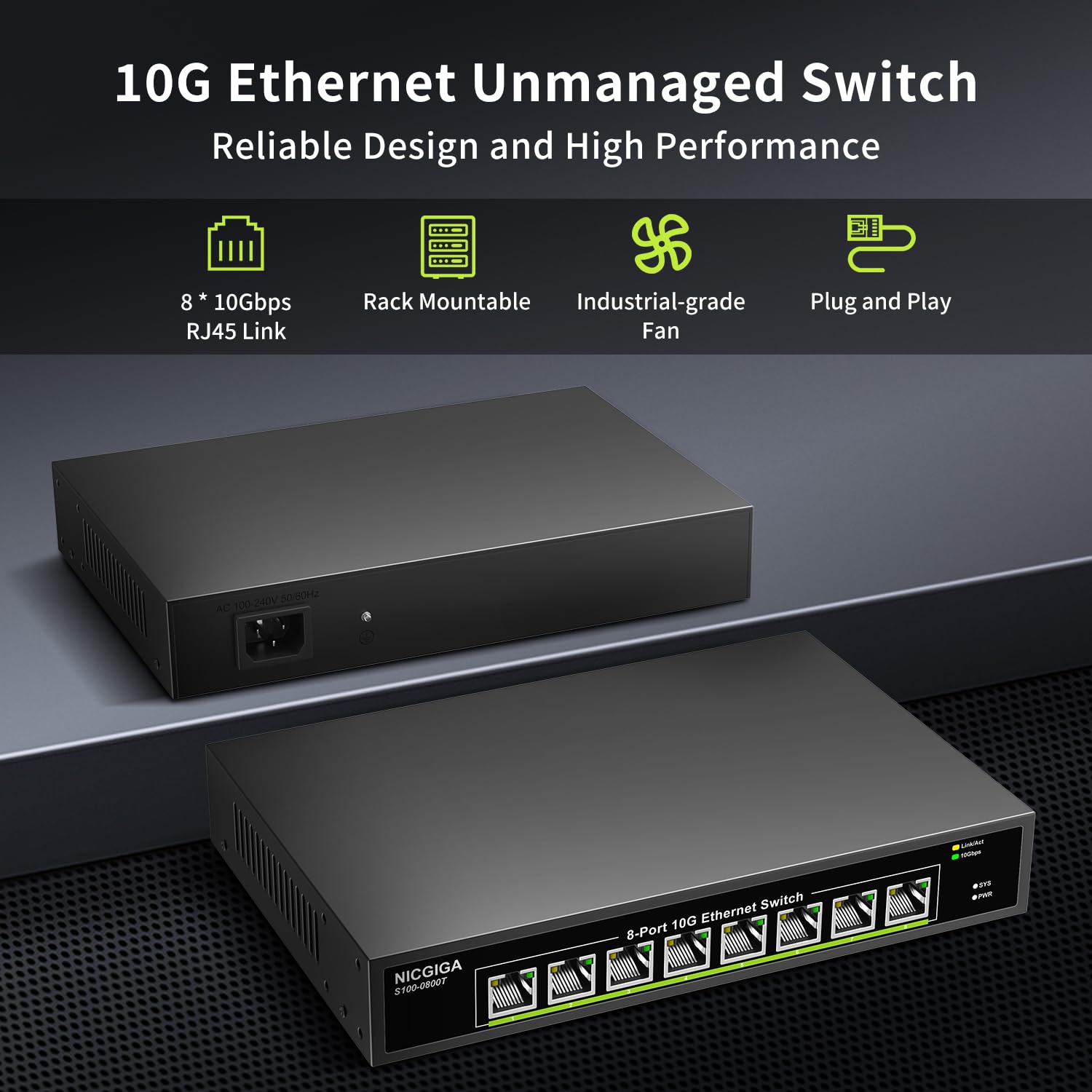 8 Port 10G Ethernet Switch Unmanaged,With 8X 10Gb Base T Ports, Nicgiga 10Gbps Network Switch Easy For 10G Nas,Pc,Wifi7 Router,1