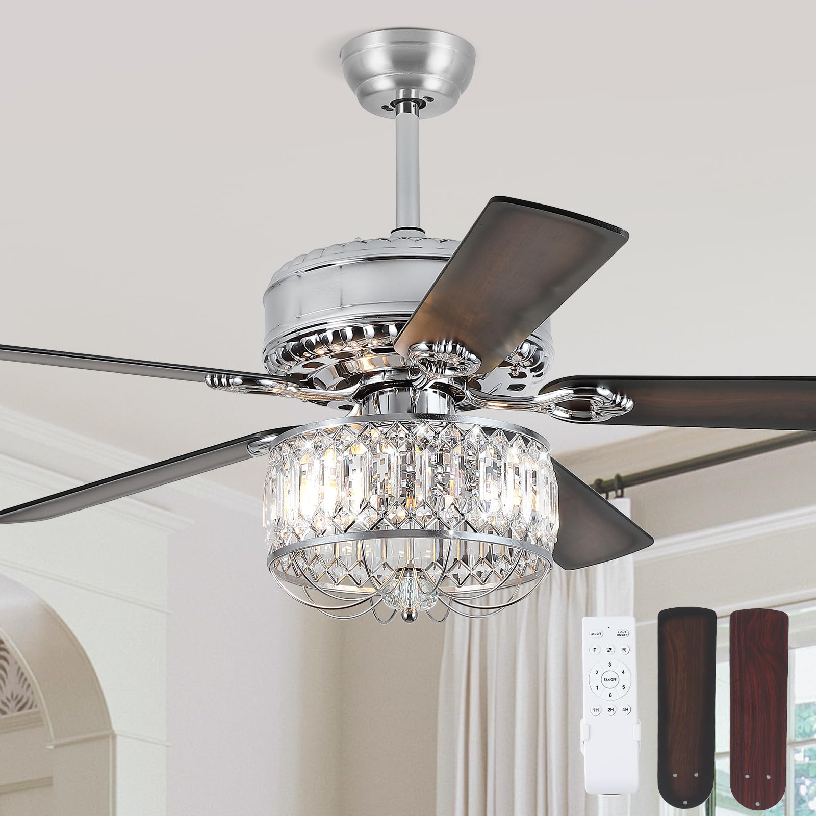 Kviflon Farmhouse Ceiling Fans With Lights And Remote, 52 Inch Indoor Chandelier Ceiling Fan With Light, Crystal Fandelier Ceili