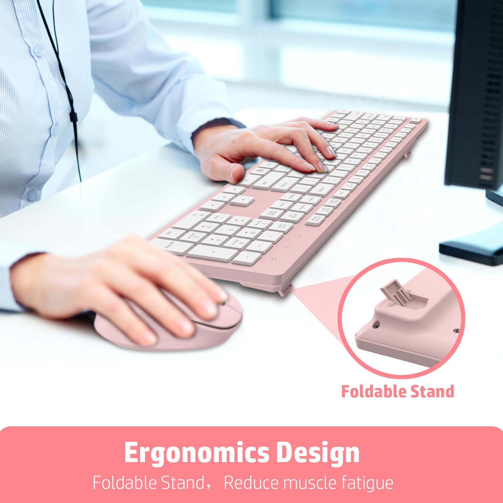 Leadsail Wireless Keyboard And Mouse Combo, Full Sized Ergonomic Computer Keyboard, 2.4Ghz Cordless Keyboard Silent Mouse Set With 2 In 1 Usb Receiver, 12 Fn Shortcuts For Windows Laptop, Pc/Mac Pink