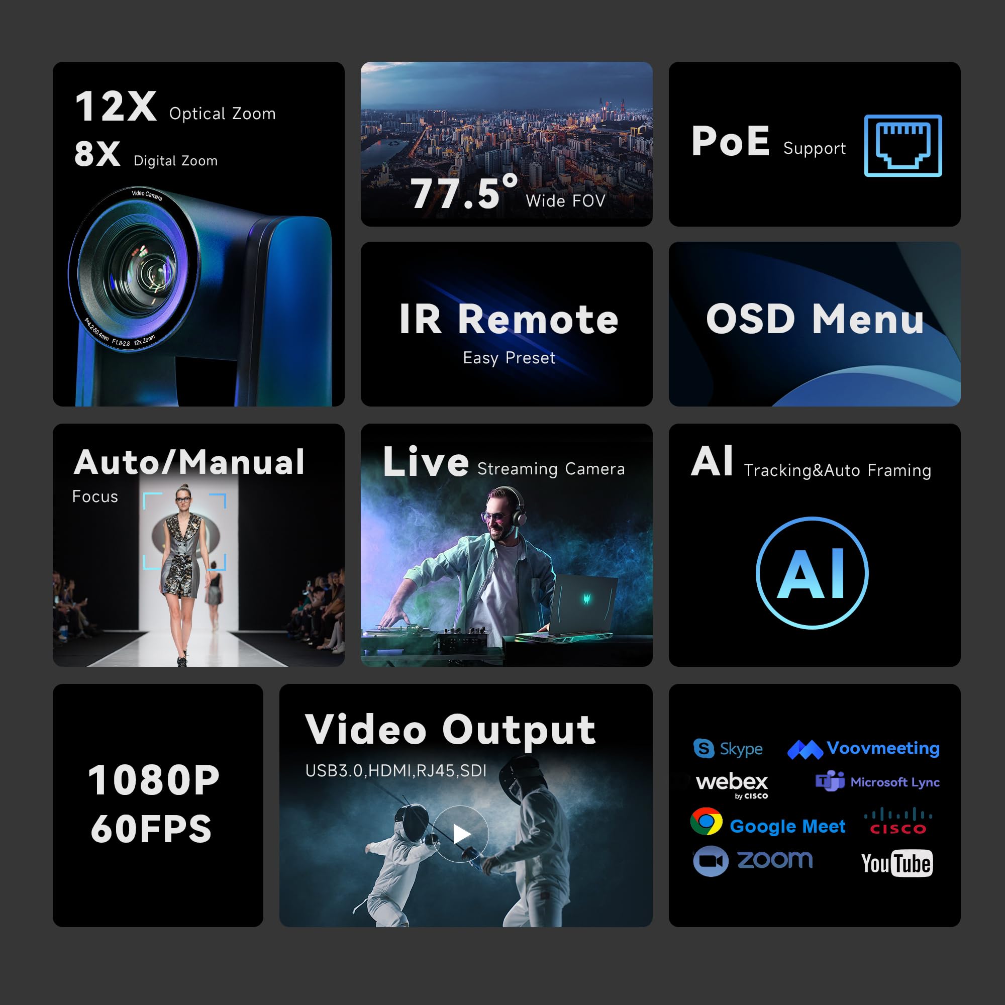 Tenveo Ptz Camera Ai Auto Tracking Live Streaming 12X Optical Zoom Sdi/Hdmi/Usb/Rj45 Video Conference Room Camera Fhd 1080P 60Fp