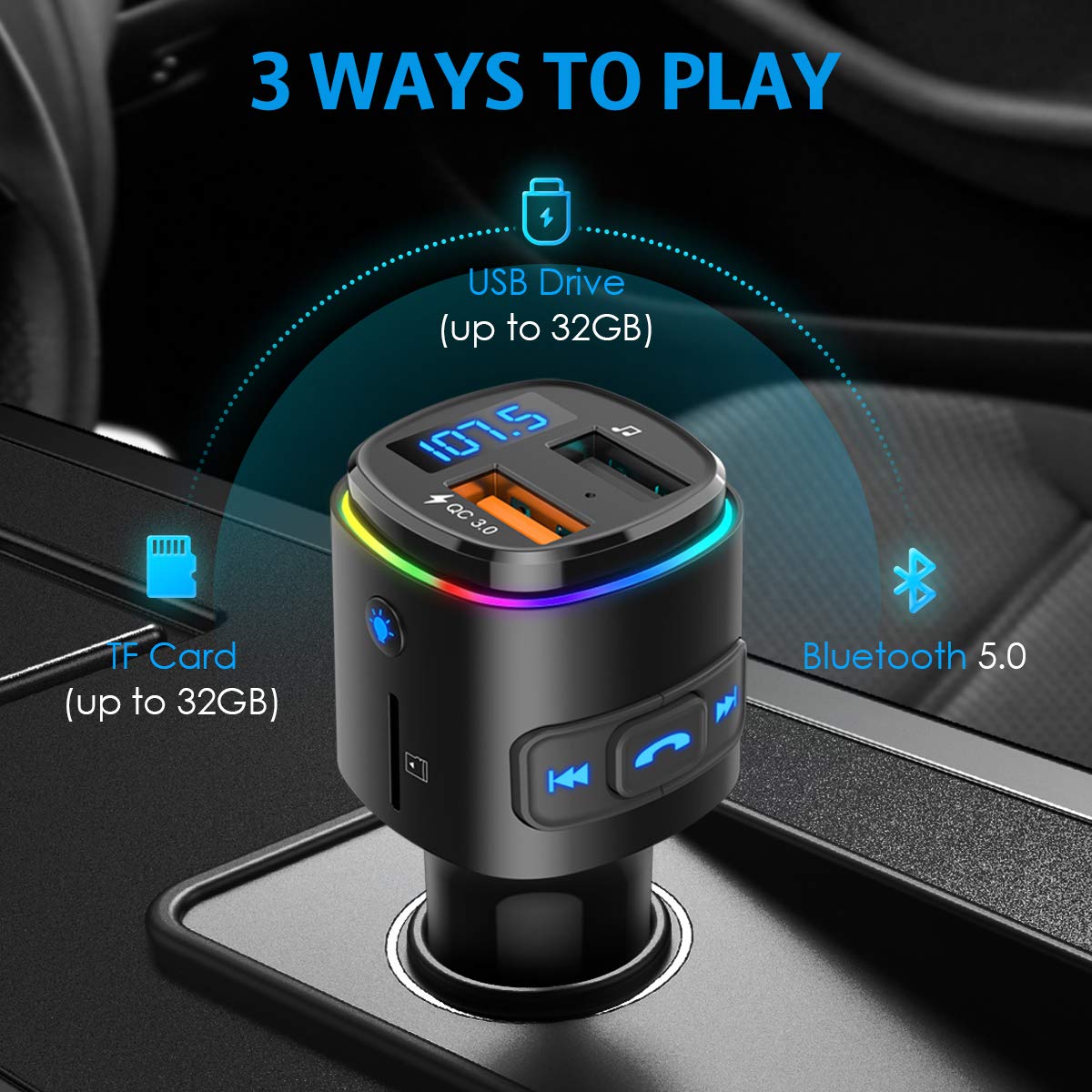 Upgraded Criacr V5.0 Bluetooth Fm Transmitter For Car, Qc3.0 Charge & 7 Rgb Color Led Backlit Wireless Fm Radio Car Adapter, Sup