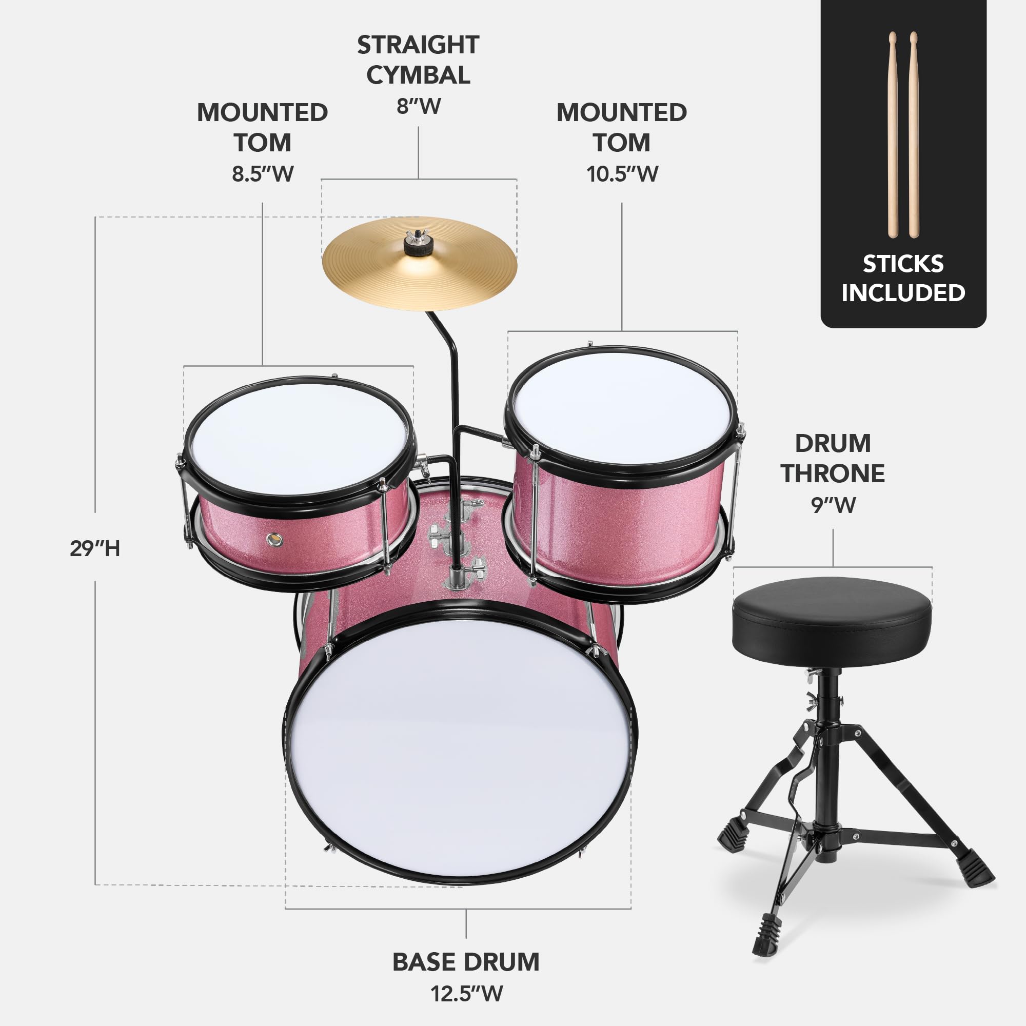 Best Choice Products 3-Piece Beginner Drum Set For Kids Juniors, W/Throne Stool, Cymbal, Drum Sticks, Bass Drum Pedal, 2 Toms -
