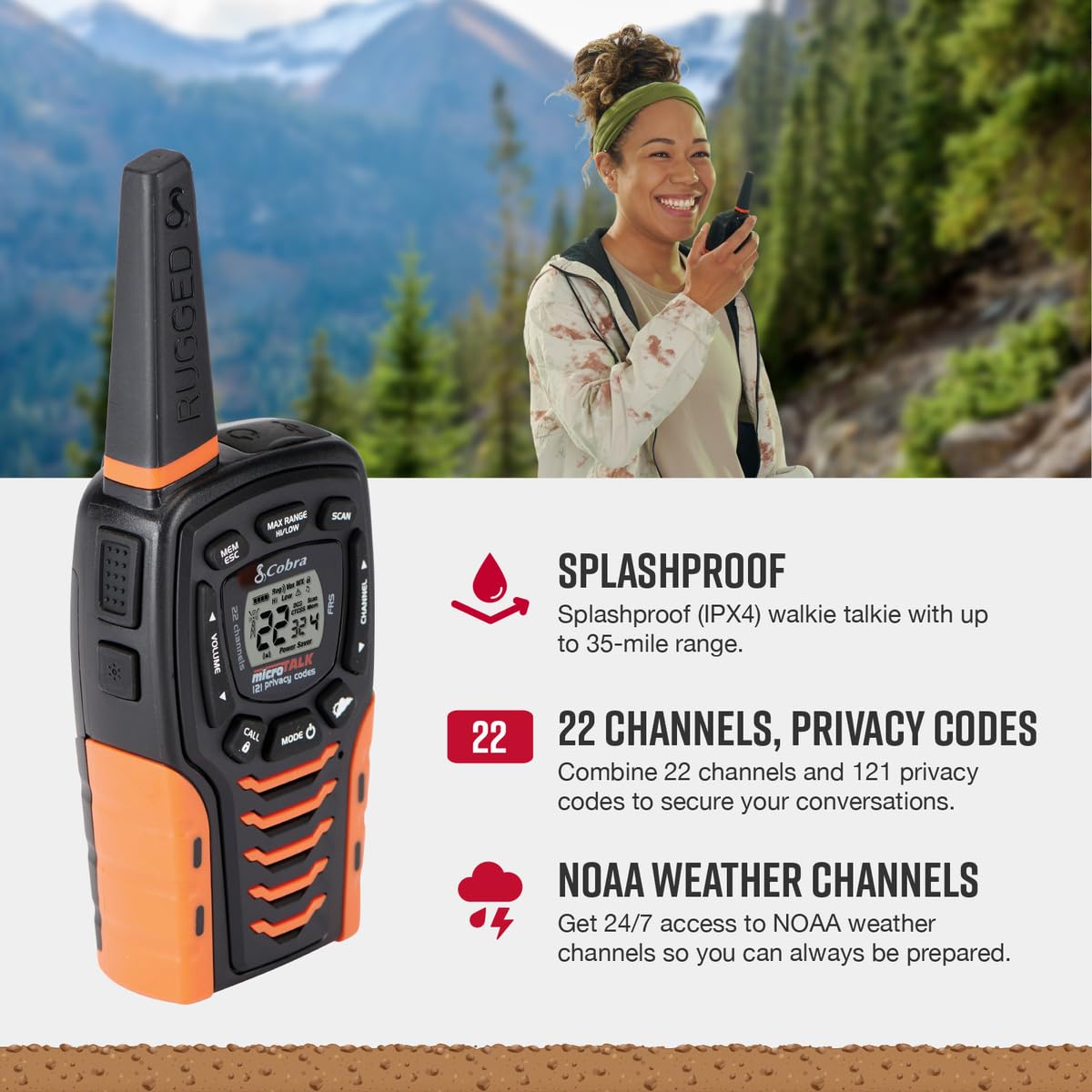 Cobra Acxt645 Waterproof Walkie Talkies   Rechargeable, 22 Channels, Long Range 35 Mile Two Way Radio Set, Black And Orange (2 Pack)