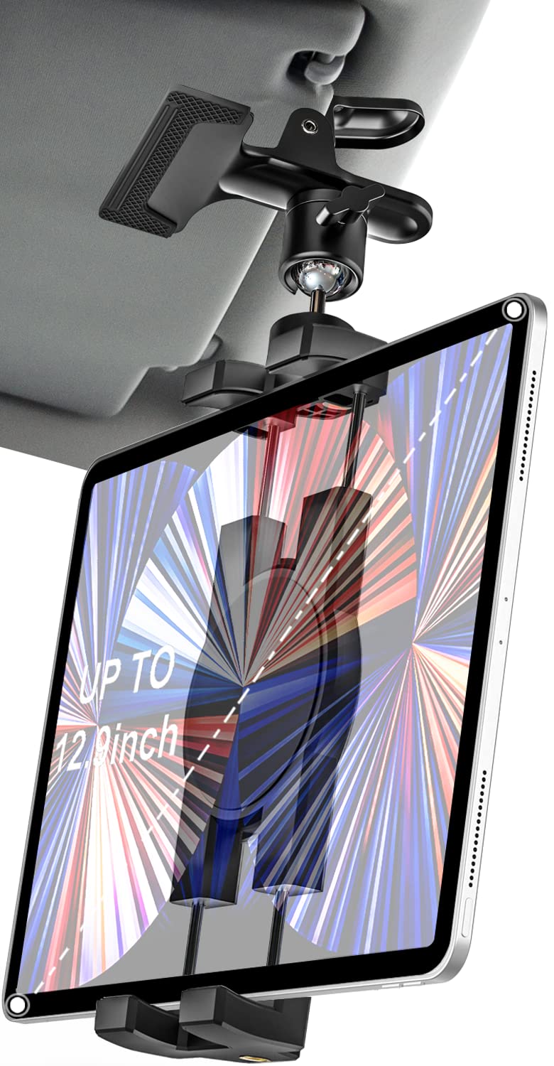 Woleyi Sun Visor Car Tablet Holder, Visor Clip Tablet Mount For Car, 360 Rotation Universal Steering Wheel Tablet Clamp With 1/4