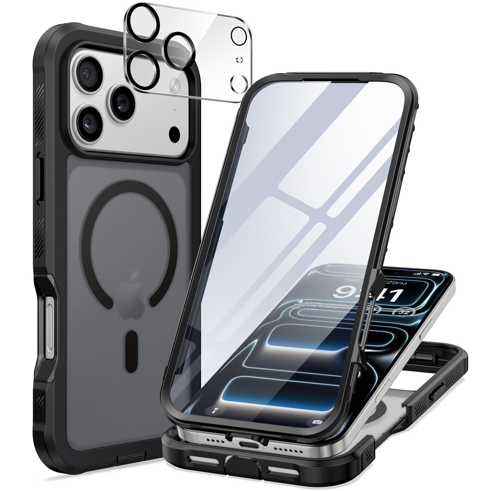 seacosmo for iPhone 17 Pro Case, Full Body Bumper with Built-in Tempered Glass Screen and Camera Lens Protector, Compatible with