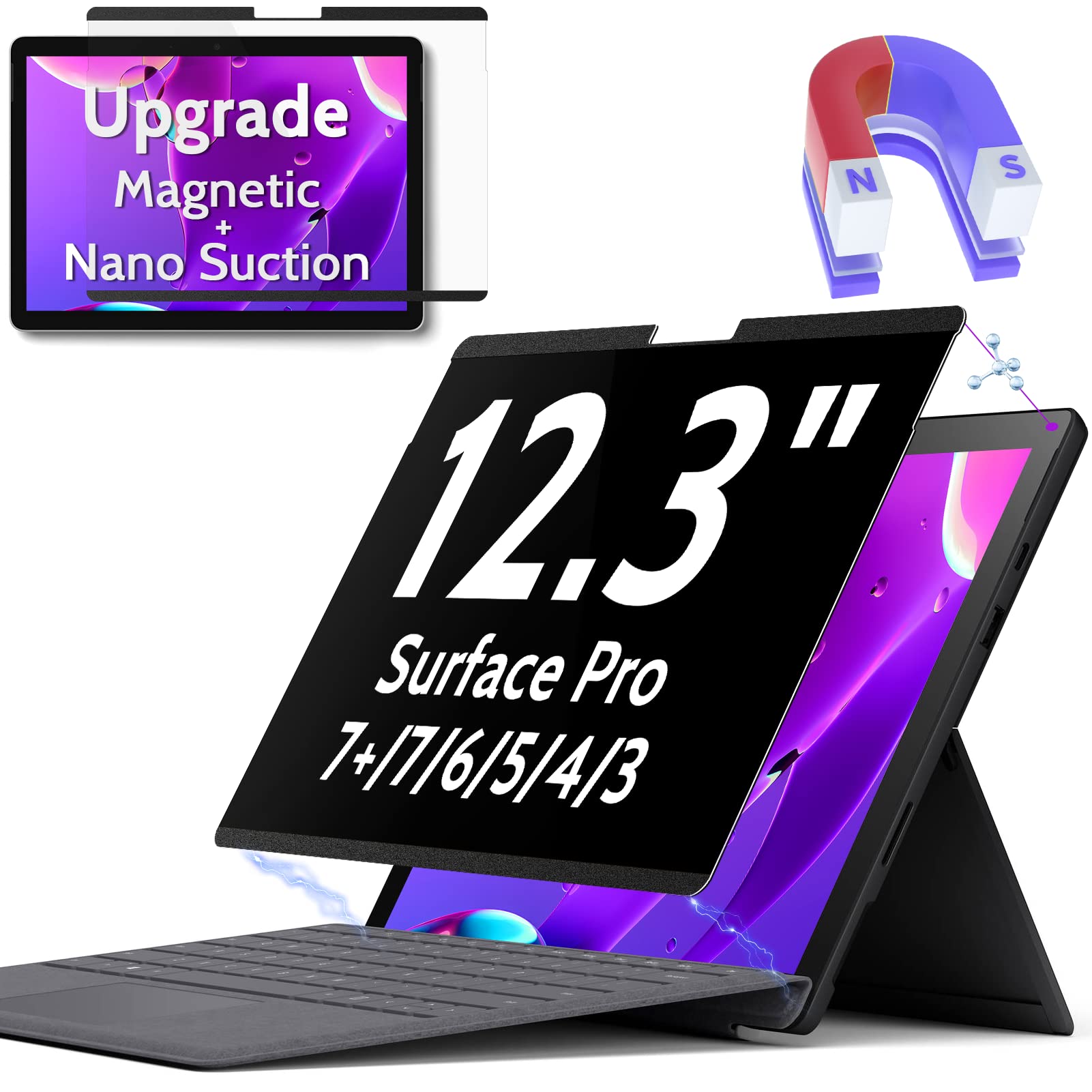 Peslv Magnetic Privacy Screen For Surface Pro 7+/7/6/5/4/3 12.3 Inch, Removable Anti Blue Light Glare Filter, Black Security Pri