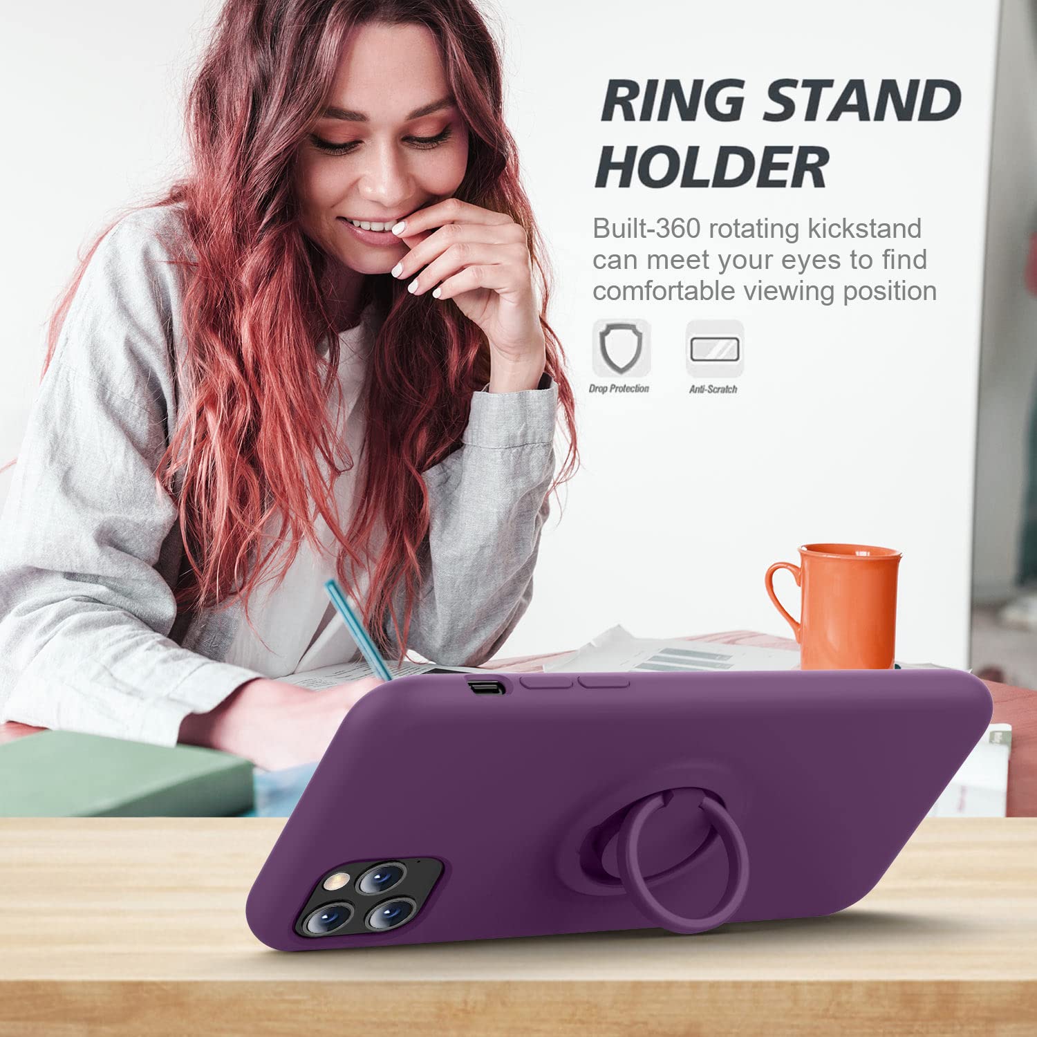 Thomo iPhone 11 Pro Max Phone Case Liquid Silicone Ring Holder Kickstand Full-Body Protective Grape