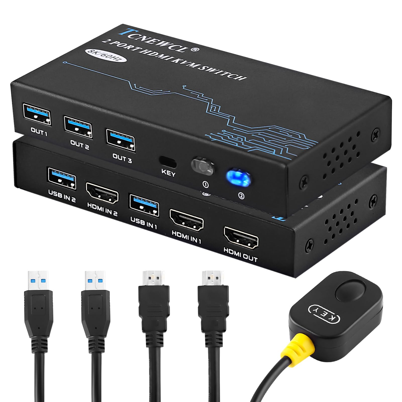 Tcnewcl 8K Hdmi Kvm Switch 2 Port, 8K@60Hz 4K@120Hz Kvm Switch Usb 3.0 For 2 Computer Share 1 Hd Monitor And 3 Usb 3.0 Devices,