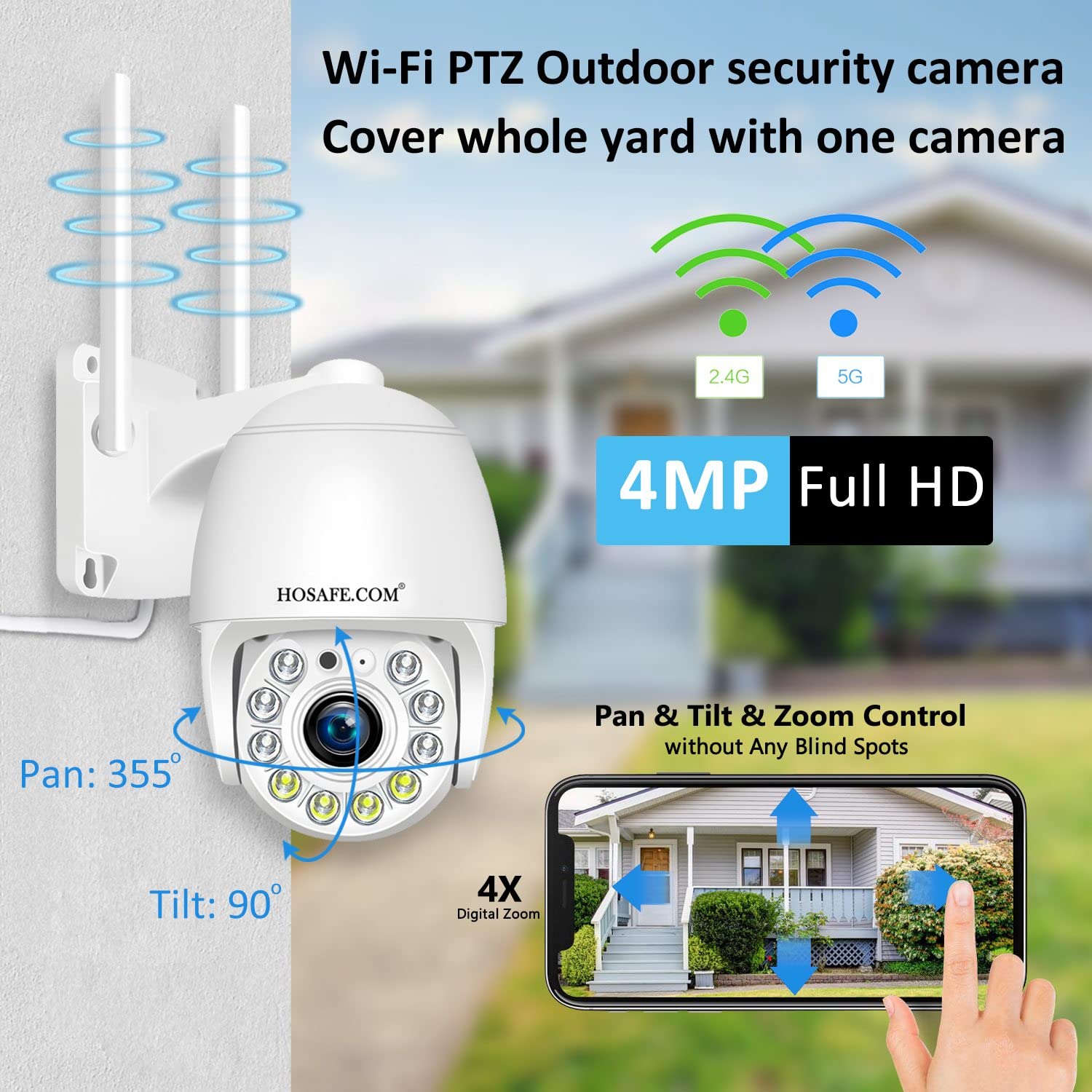 Security Camera Outdoor 2K 4Mp, Hosafe Wifi Home Security System Video Surveillance Ip Camera, Floodlight Motion Detection, Pan