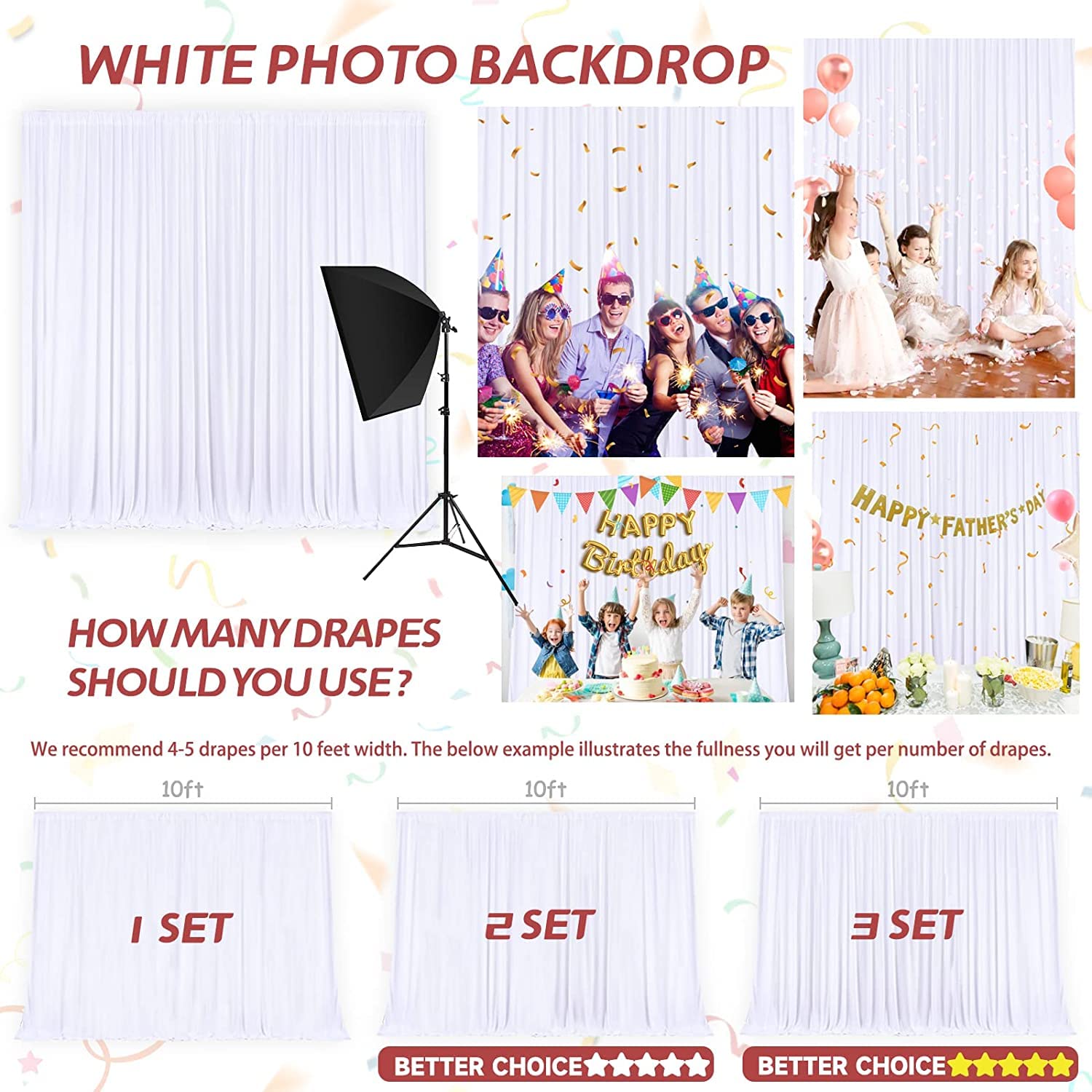 White Backdrop Curtain Party Decorations: 4 Pcs 5Ft X 8Ft White Polyester Drapes   Wedding Birthday Background