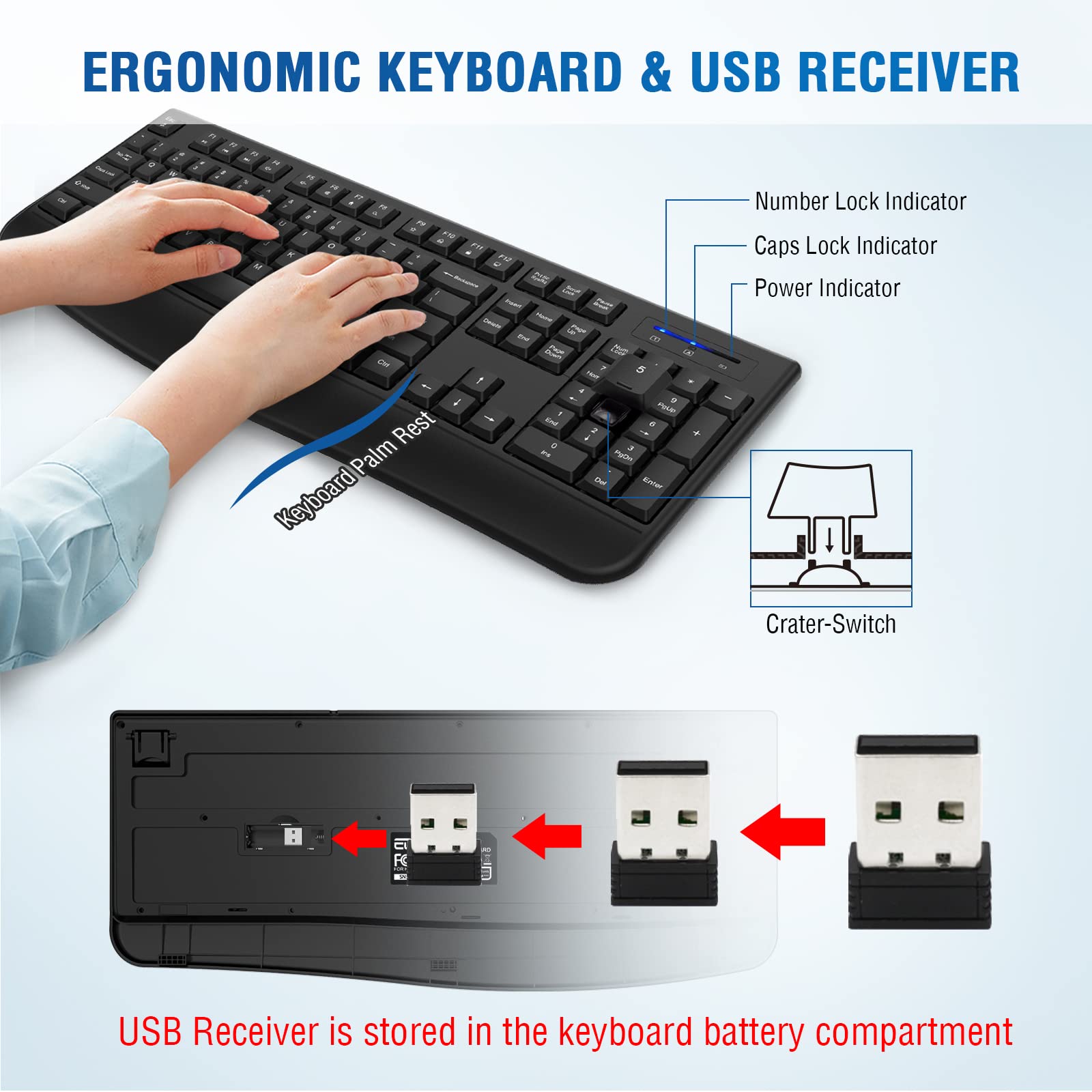 Wireless Keyboard And Mouse Combo, Full Sized 2.4Ghz Comfortable Palm Rest And Optical Wireless Mouse For Windows, Mac Os Pc/Des