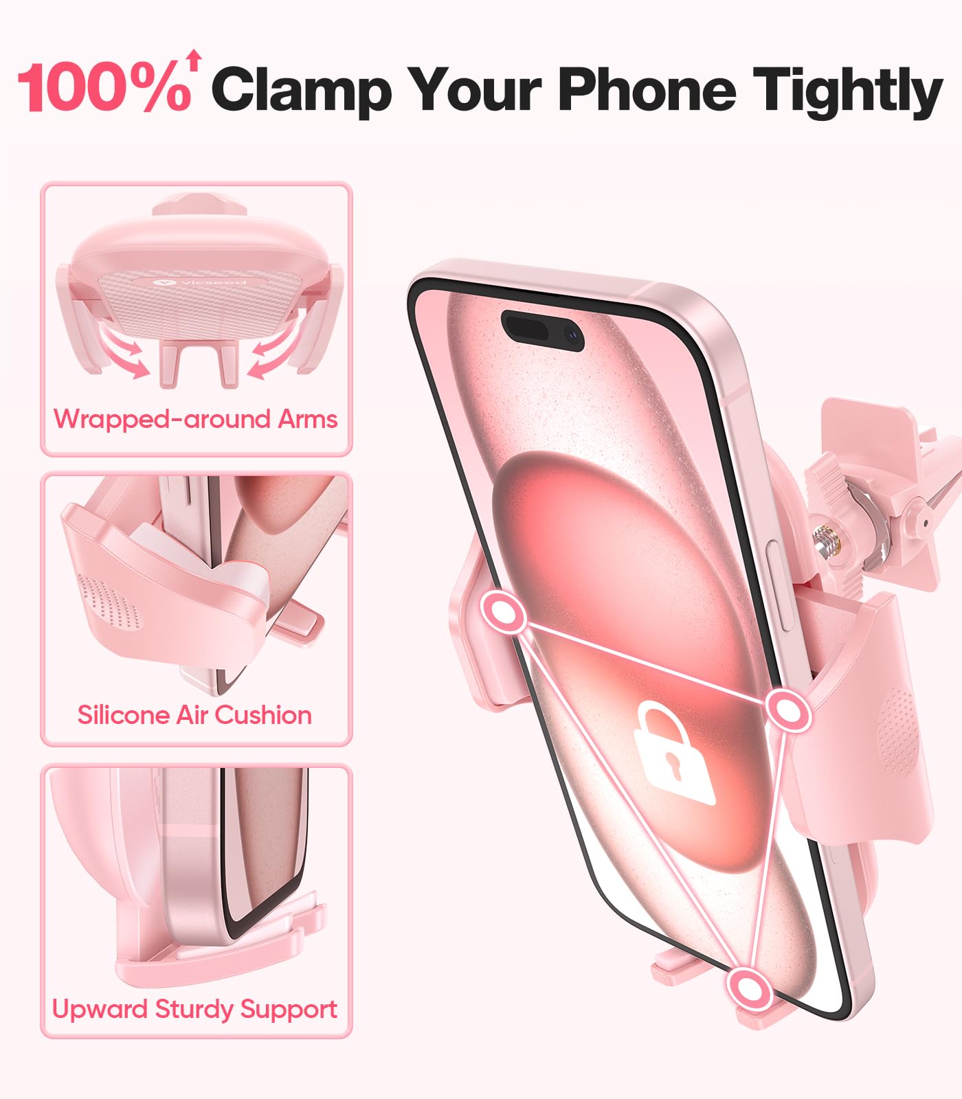 VICSEED Pink Car Phone Holder - Sturdy Air Vent Mount for iPhone, Samsung, Android - Hands-Free Easy Clamp Cradle Accessory
