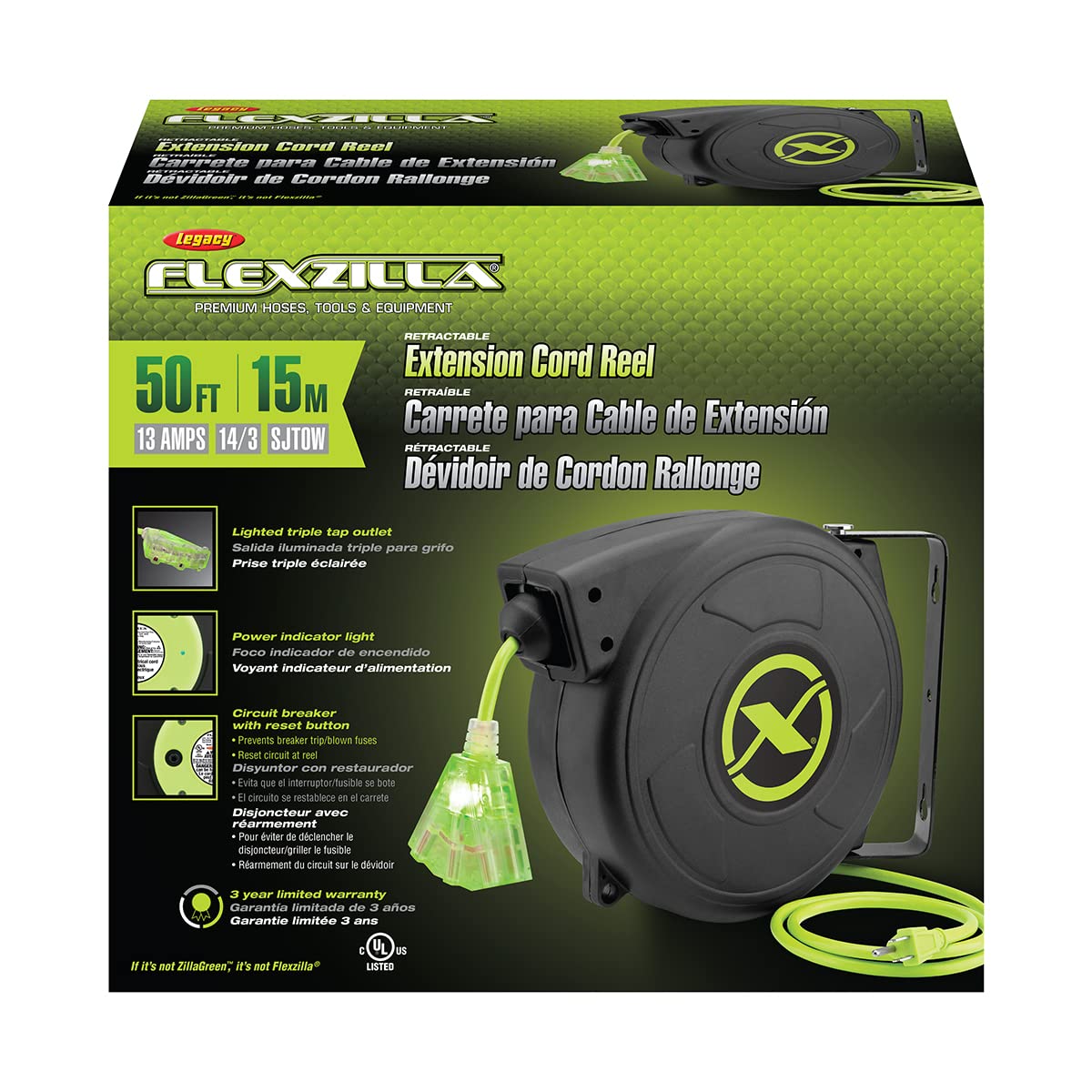 Flexzilla Retractable Extension Cord Reel 50' 14/3 Awg Sjtow Grounded Triple Tap Outlet Indoor/