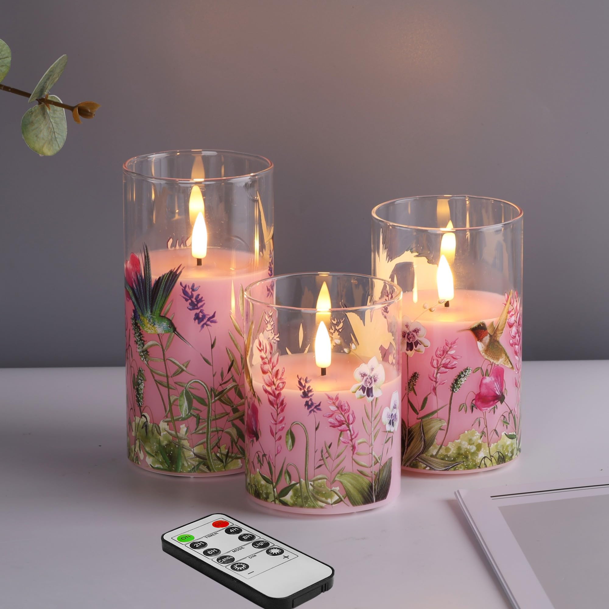 Girimax Pink Hummingbird Glass Led Candles With Remote, Flickering Flameless Candles Battery Operated F 3'' H 4'' 5'' 6''