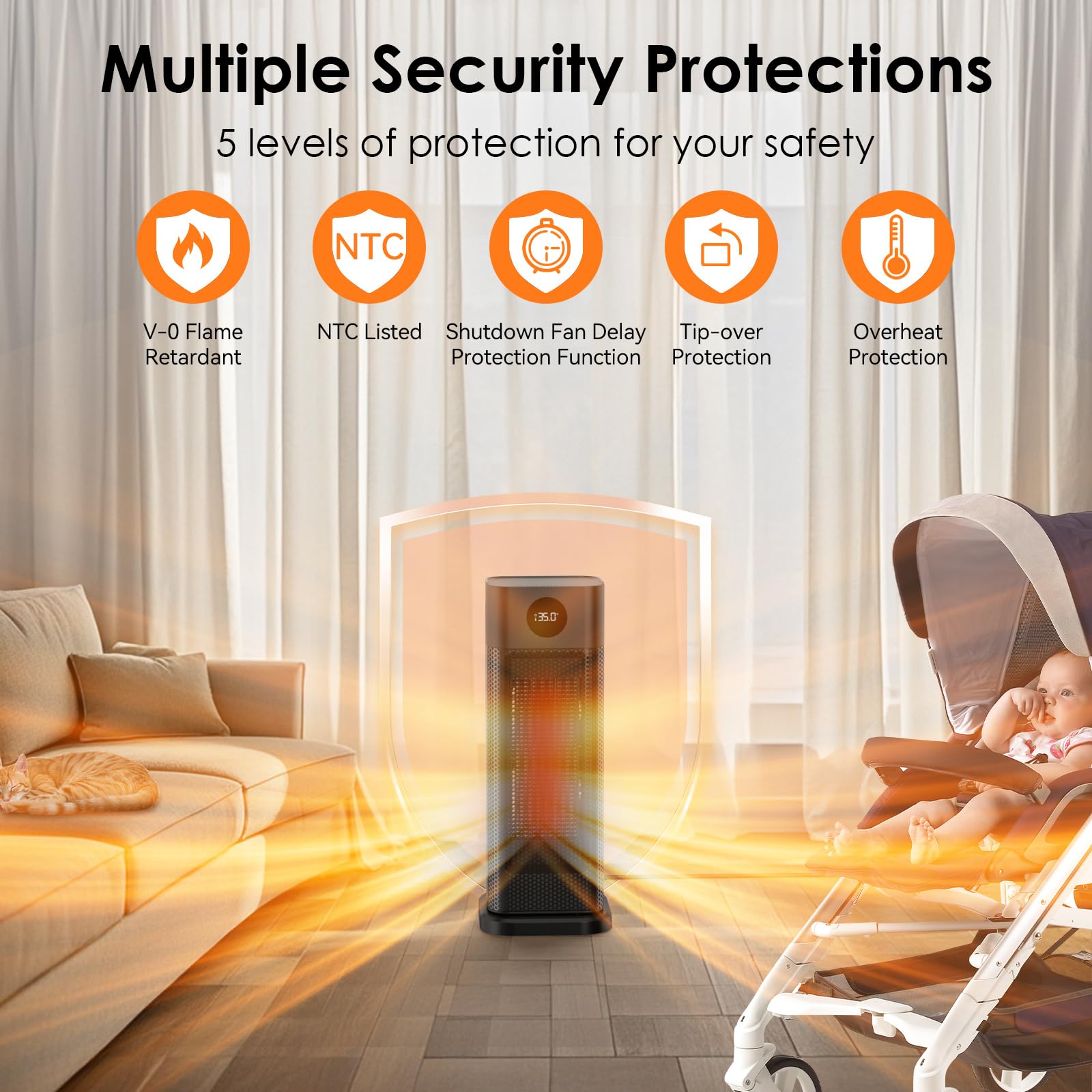 Space Heater   1500W Ptc Ceramic Tower Heaters For Indoor Use With Adjustable Thermostat, Timer And Remote Control, Quick 1S Hea