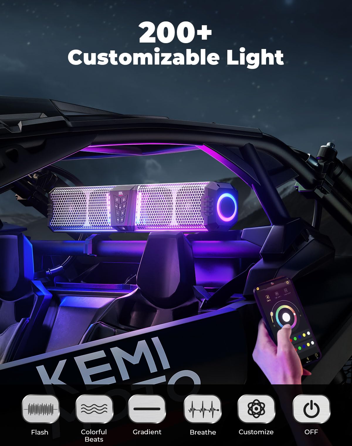 Kemimoto Midnight S60 26-Inch Utv Sound Bar Waterproof Ip66, 65Hz Deep Bass, Metal-Built, Synced Multicolor Lights, Utv Bluetoot