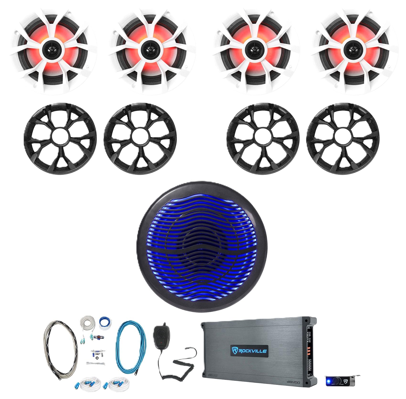 Rockville RKL65MBW Bundle: (4) 6.5-in 700-Watt Marine LED Speakers, MS10LB 10-in Free-Air Subwoofer, DBM50 5-Channel Marine Ampl