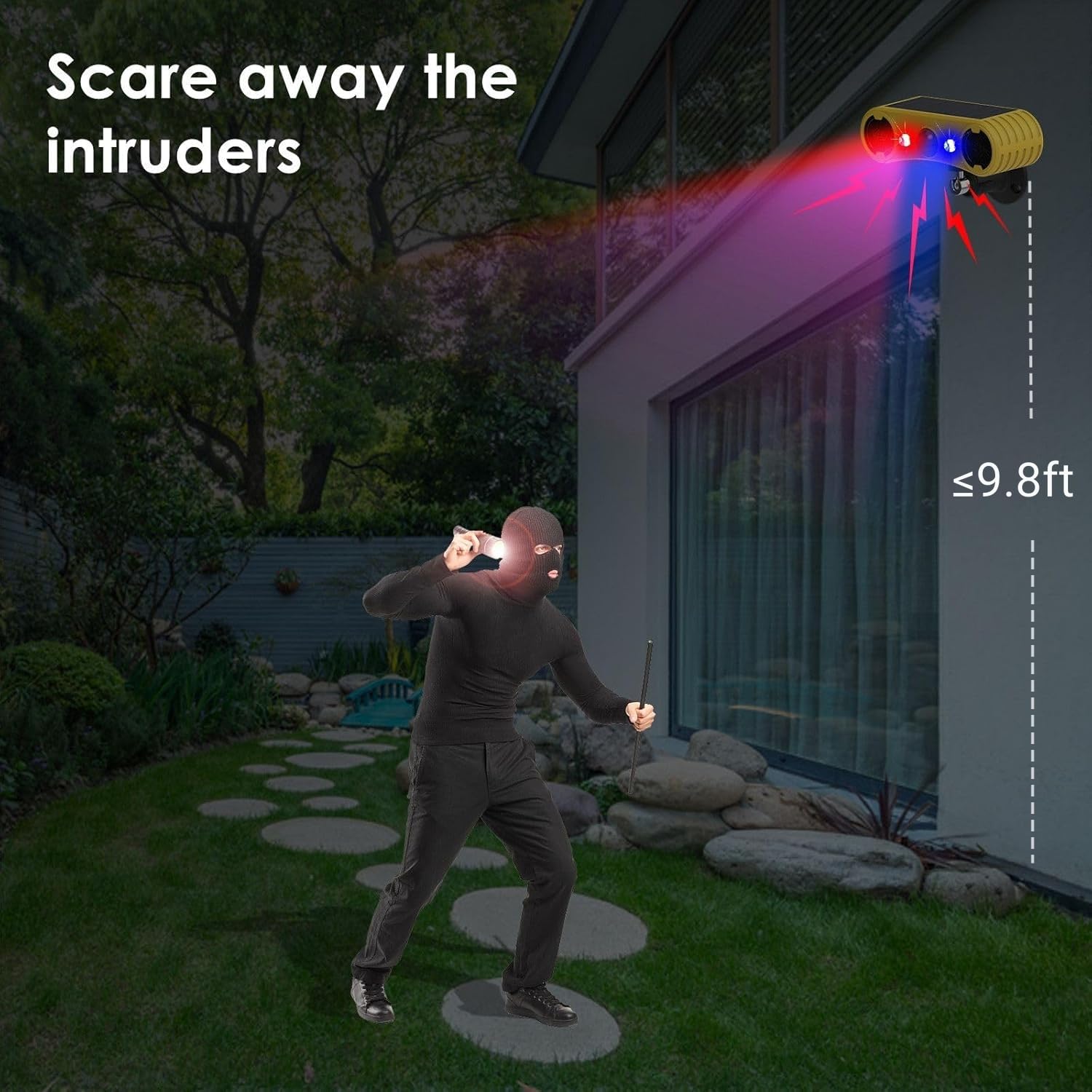 Hulppre Solar Outdoor Motion Sensor Alarm-13 Sounds Including Dog Barking&Gunshot,2 * 130Db Loud Noise Maker,4 Modes,Red&Blue Mo