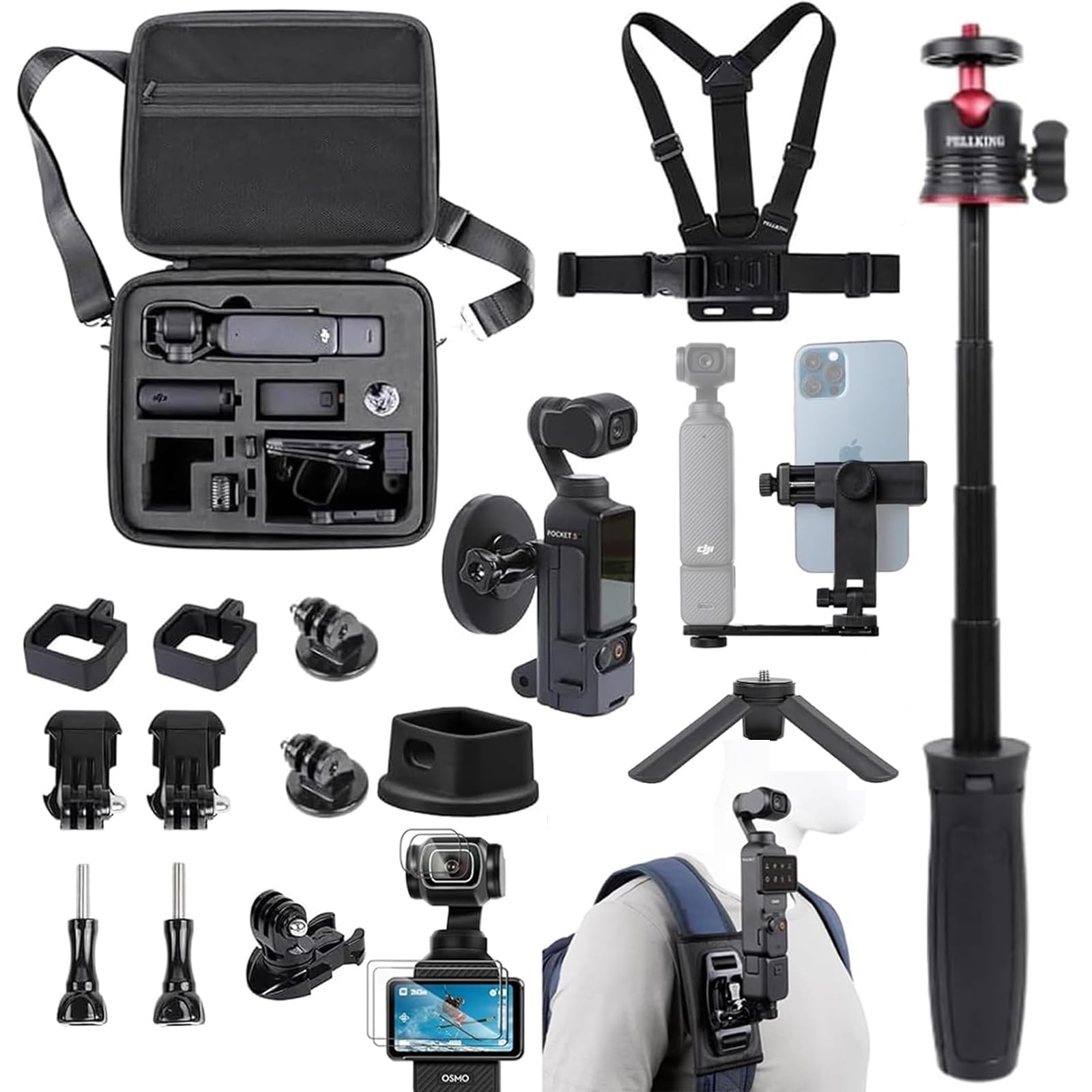 PellKing Accessories Kit for Osmo Pocket 3,Included Carrying Case,Magnetic Mount,Phone Monitor Holder,Selfie Stick,Mini Tripod,D