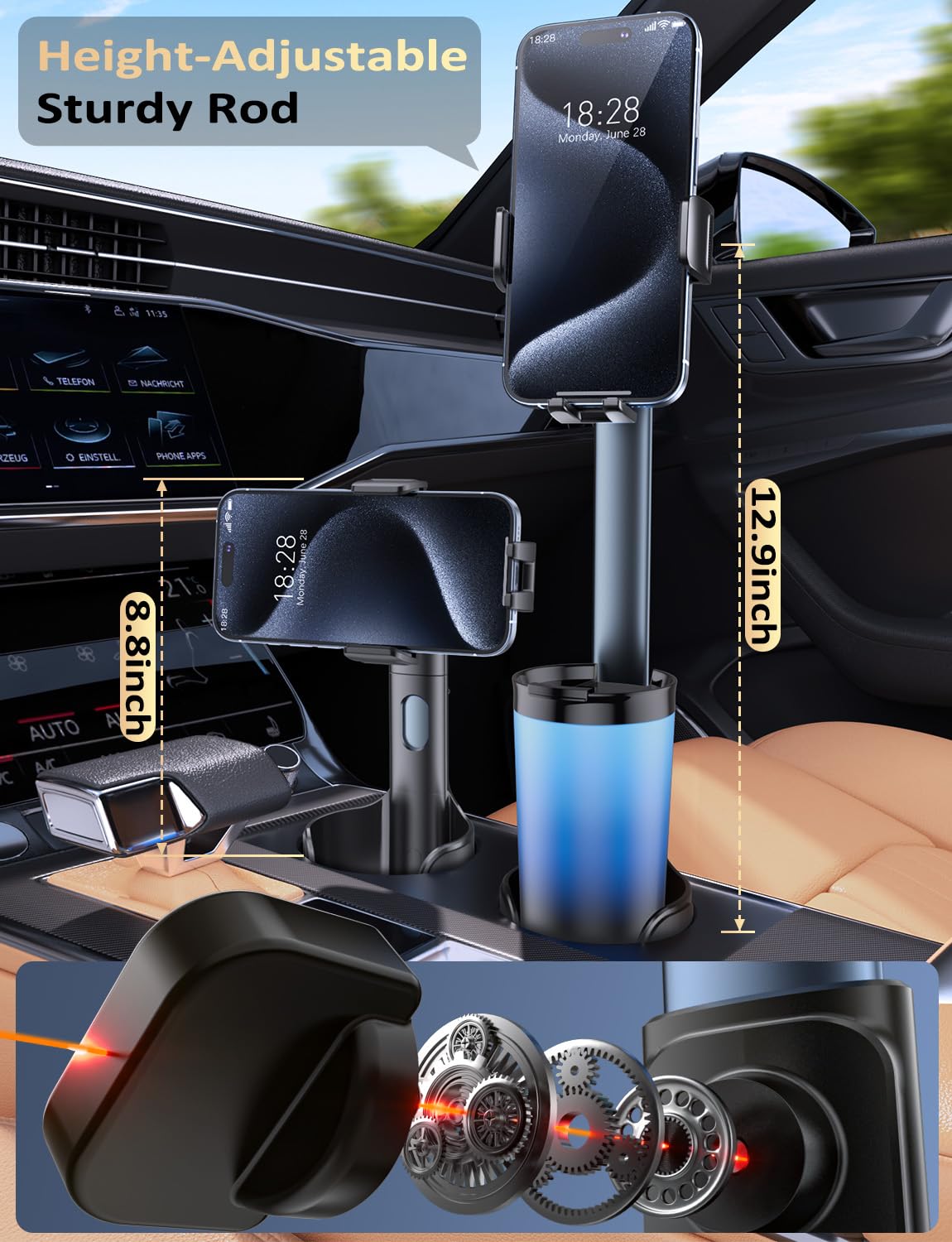 Cup Phone Holder Mount For Car: Upgrade Aluminum Adjustable Rod Cell Phone Cup Holder Stand For Auto | Truck Suv Compatible With