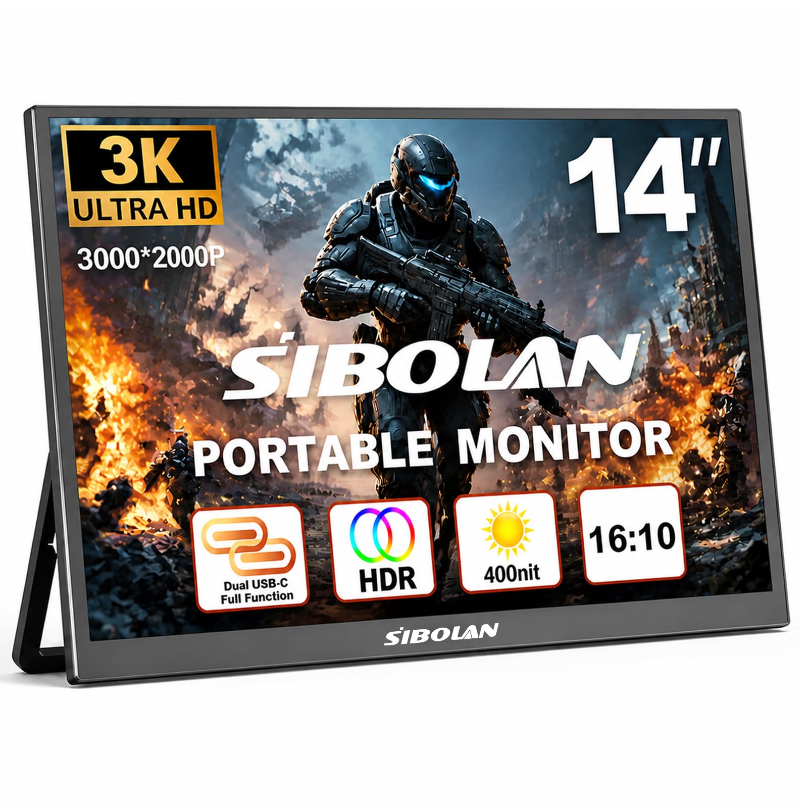 sibolan Portable Monitor 13.9  3K QHD 3072x1920 350 Nits 72% sRGB USB-C HDMI Travel Monitor for Laptop PC PS4, Screen Extender w