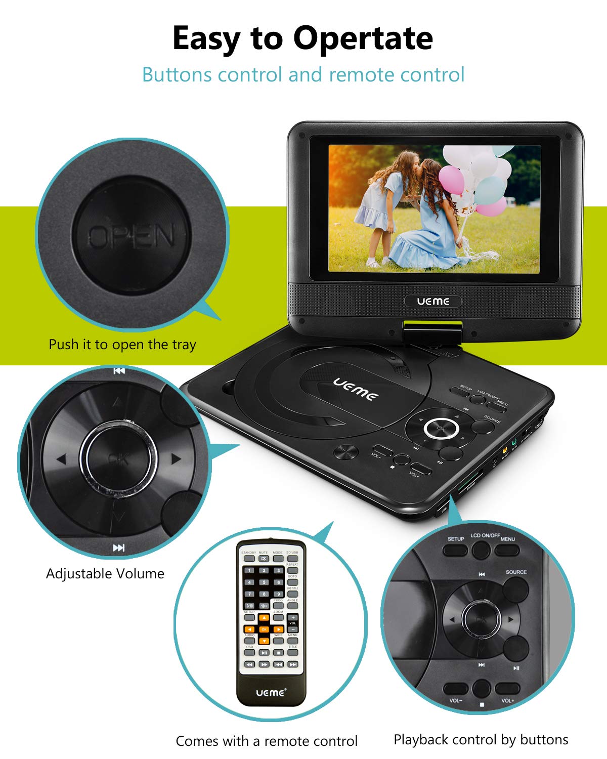 Ueme Mini Dvd Player For Kids With 7 Inches Swivel Screen And Internal Rechargeable Battery, Support Dvd Cd Usb Sd Card, With Car Headrest Mount Holder, Region Free