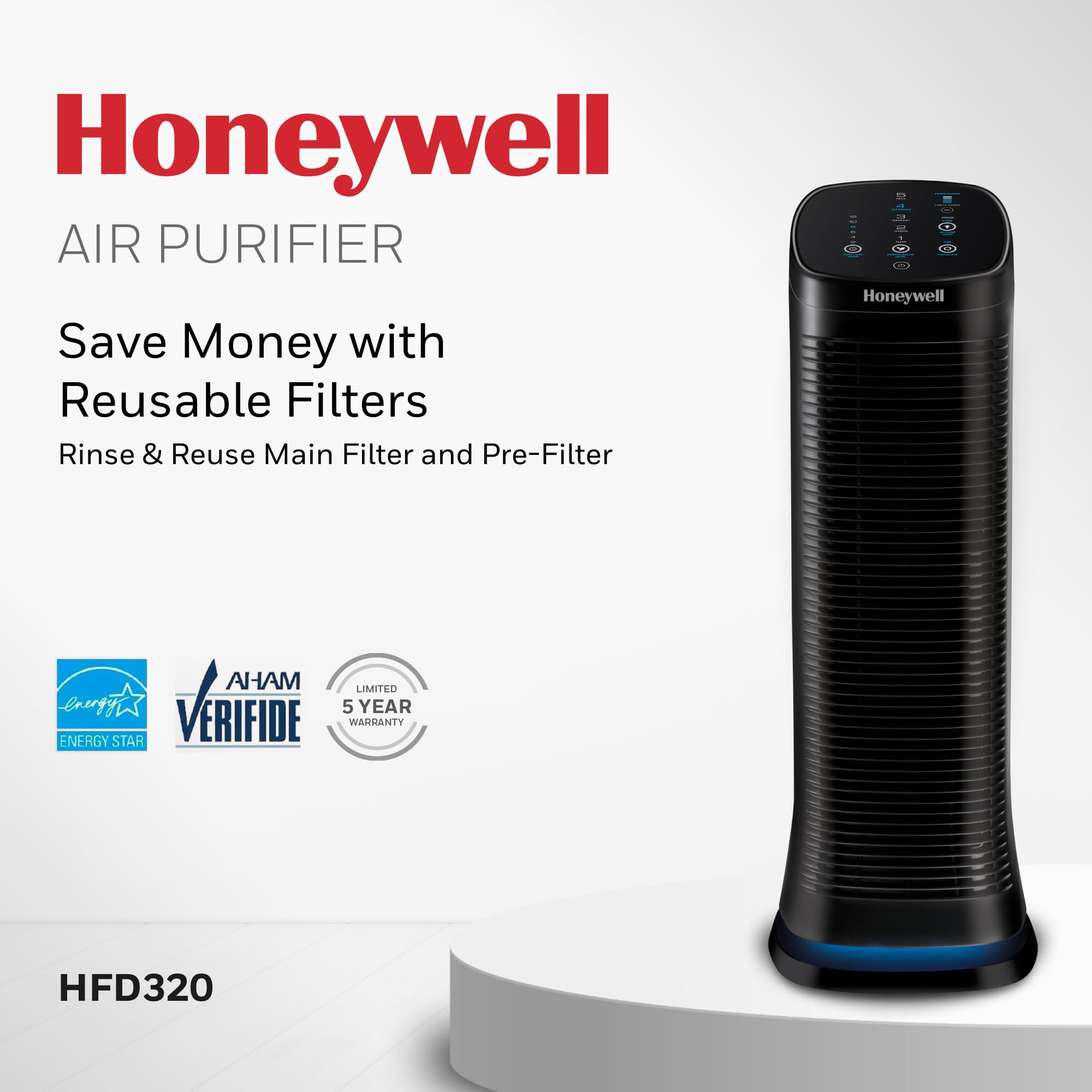 Honeywell Air Genius 5 Air Purifier For Large Rooms Up To 1200 Ft, Permanent Washable Filters, Reduces Dust, Pollen, Pet Dander,