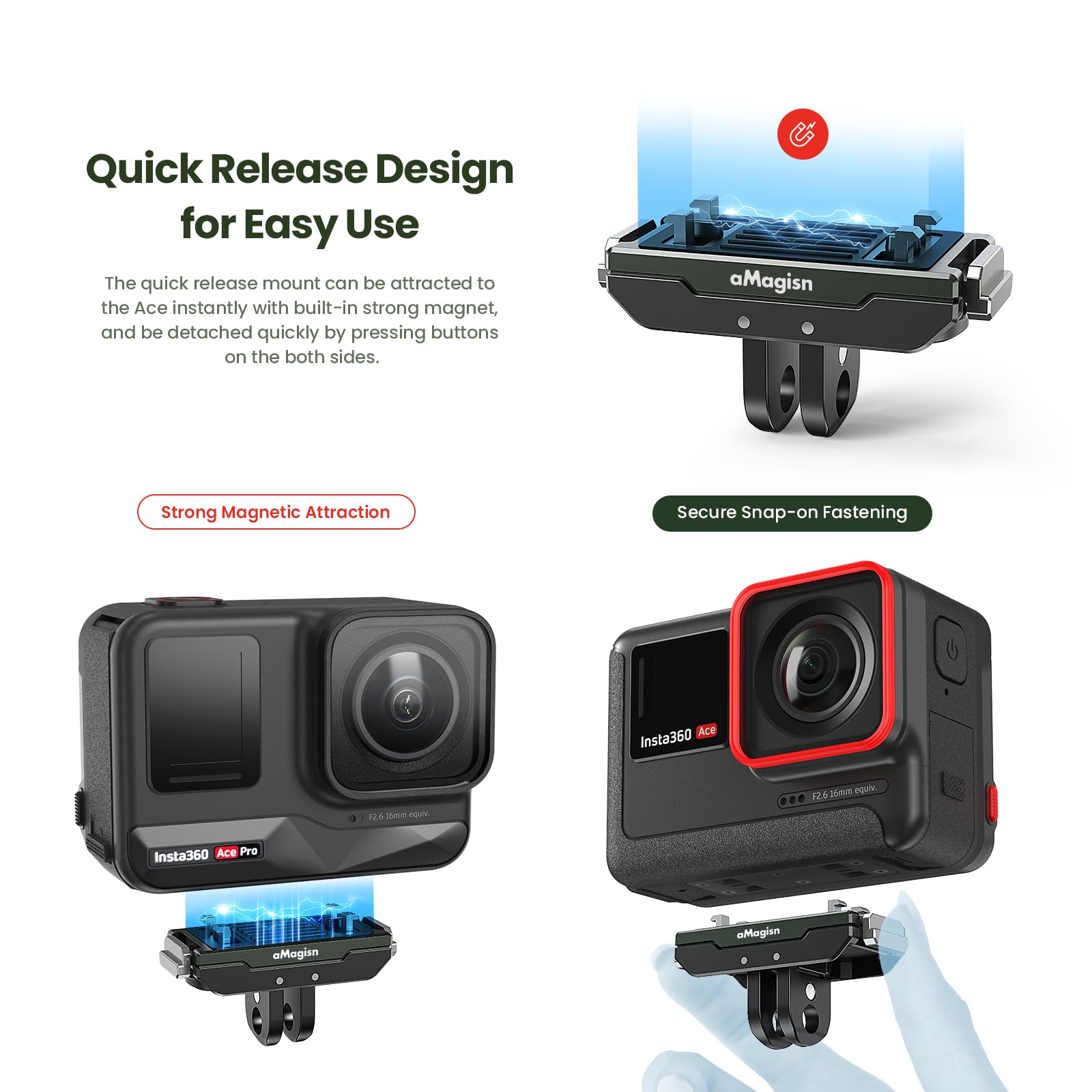 Gaekol Insta360 Ace Pro Quick Release Mount, Snap On Magnetic 2 Prong Mount And 1/4 Thread Mount For Insta360 Ace Pro / Insta360